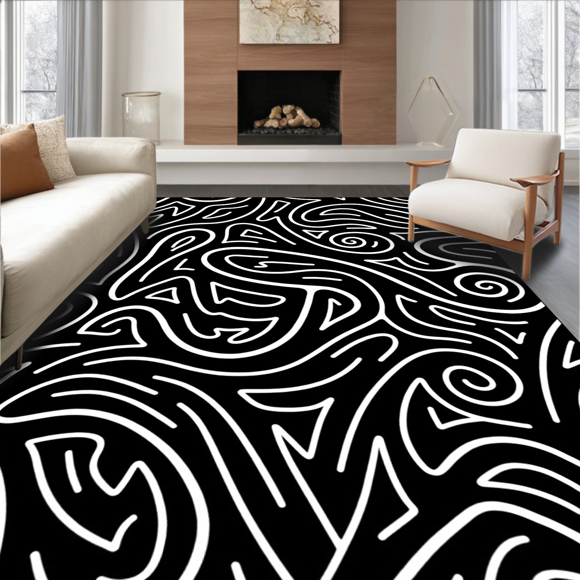 Organic Swirls Black White Abstract Rug