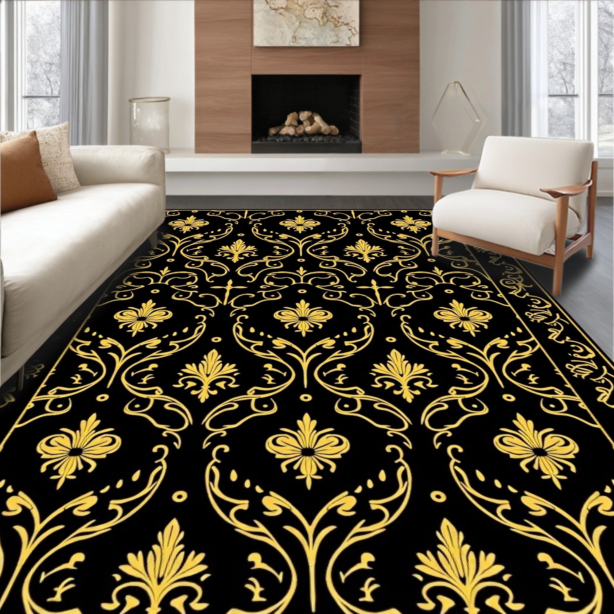 Ornate Gold Floral Damask Pattern Rug