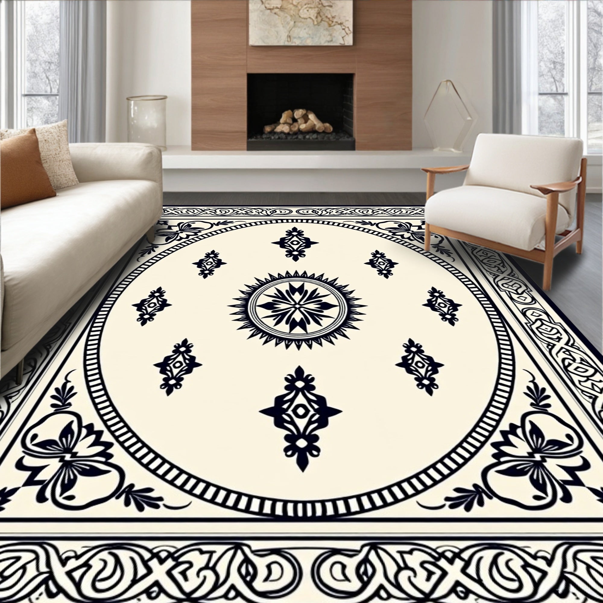Monochromatic Intricate Floral Medallion Rug