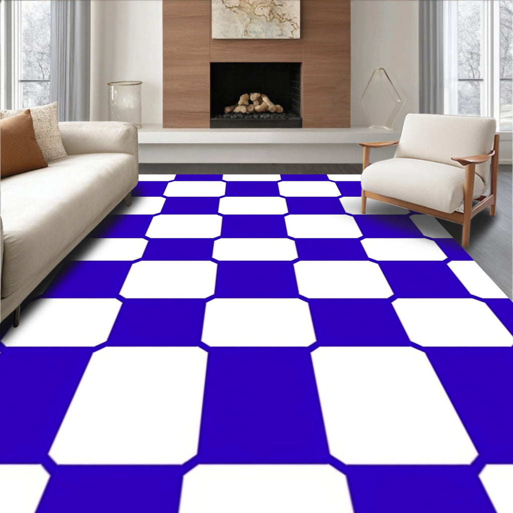 Classic Cobalt Blue White Checkerboard Rug