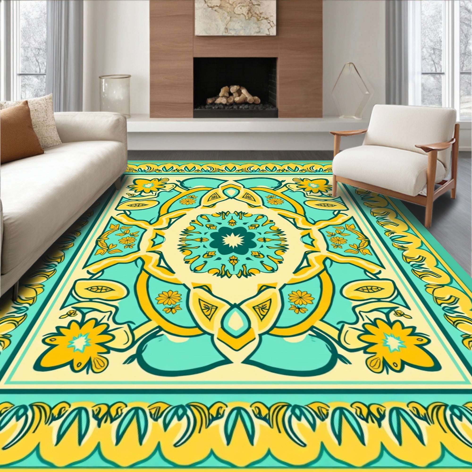 Teal Yellow Floral Mandala Pattern Rug