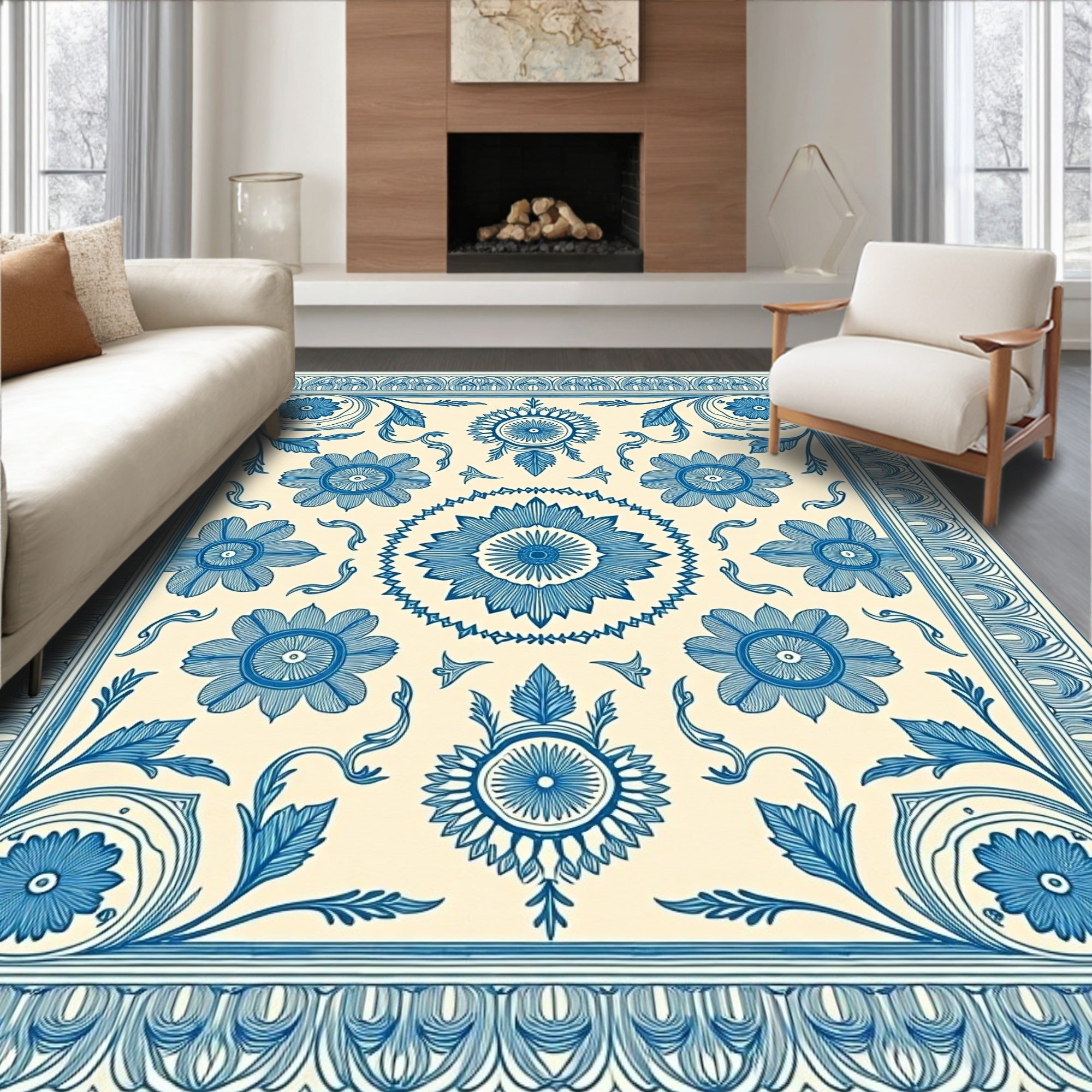 Elegant Blue Floral Medallion Design Rug