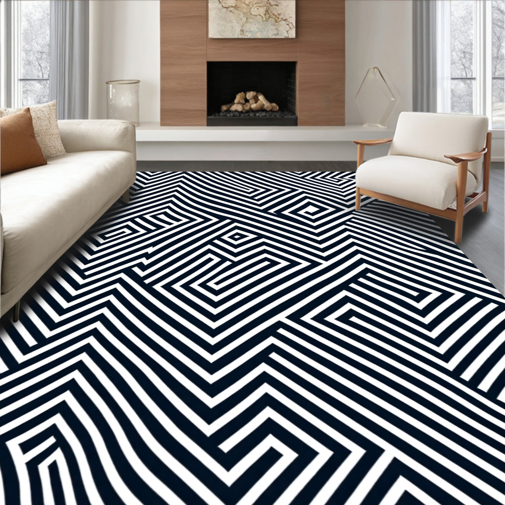 Striking Black White Geometric Maze Rug
