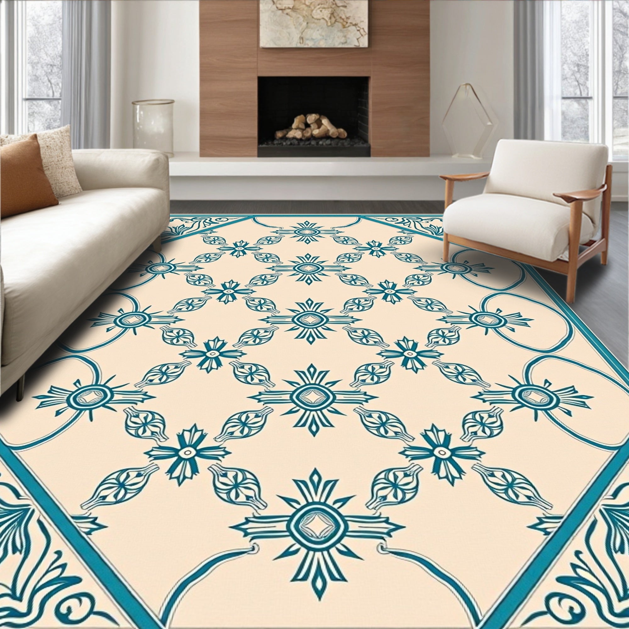 Teal Floral Medallion Patterned Rug