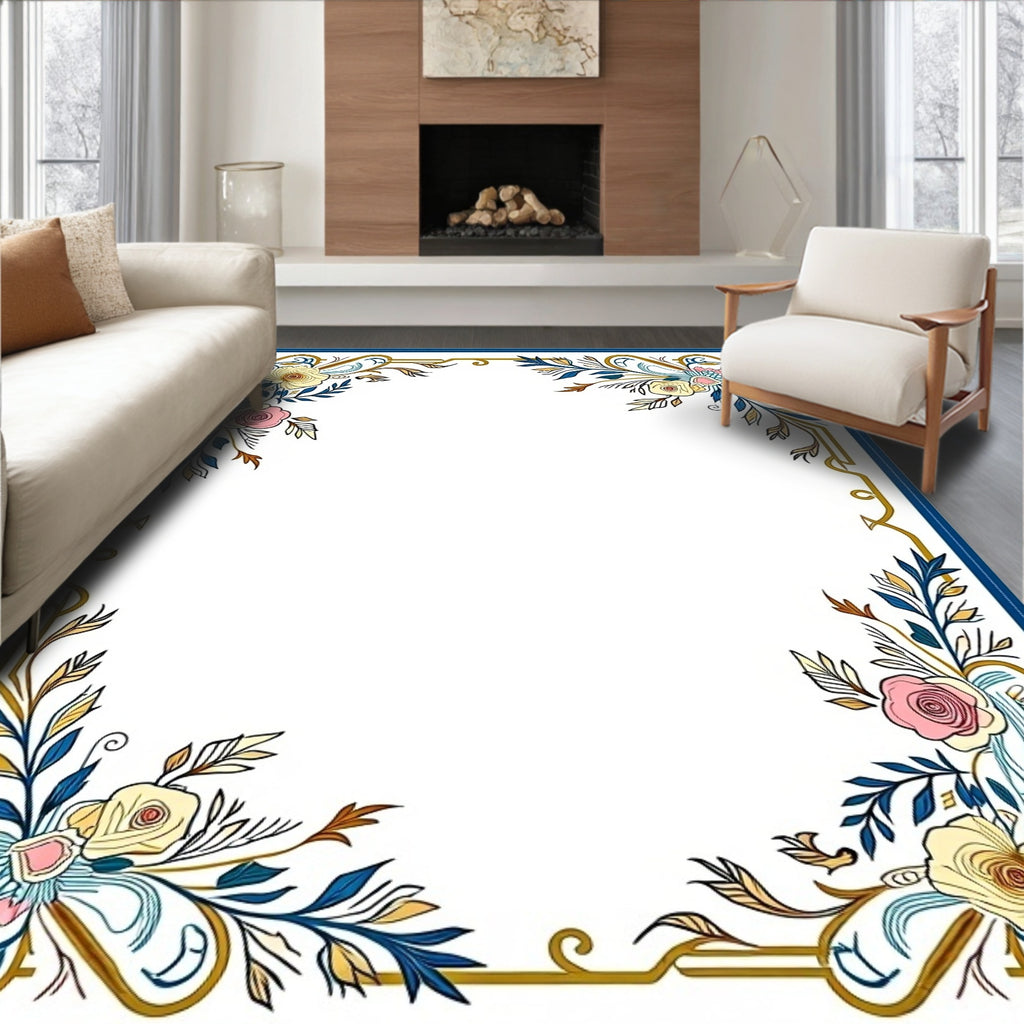 Art Nouveau Floral Golden Blue Border Rug