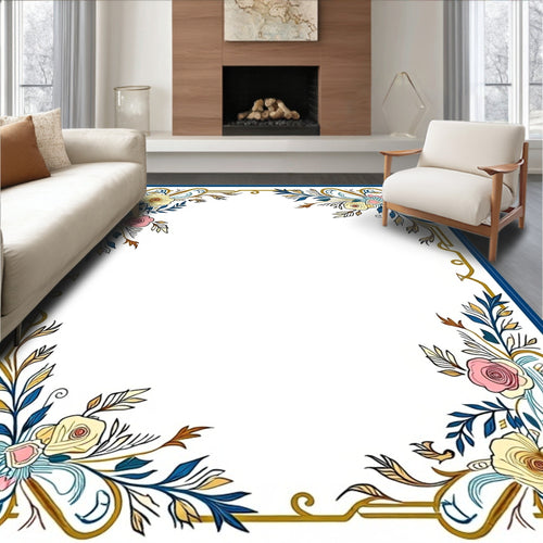 Art Nouveau Floral Golden Blue Border Rug