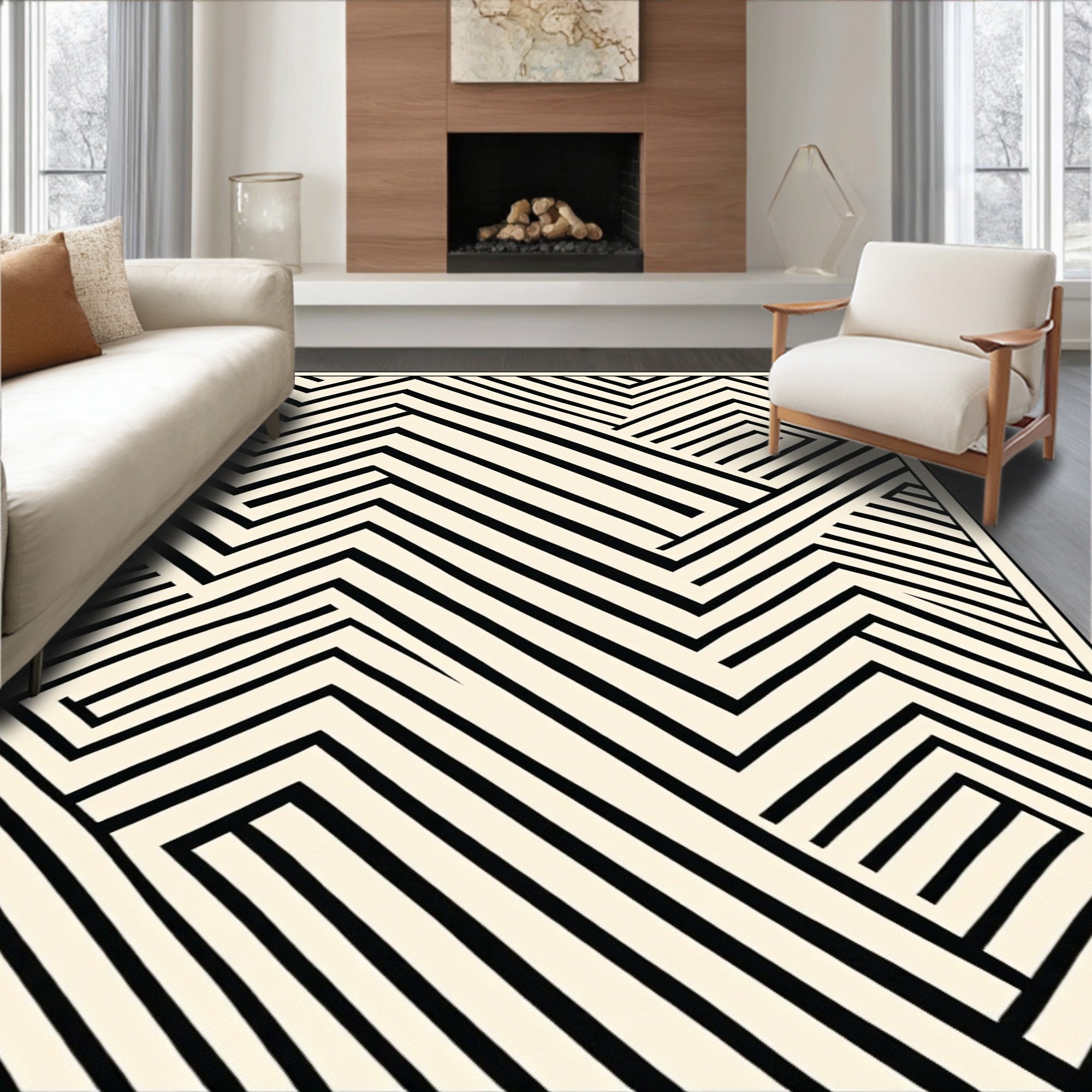 Abstract Black White Geometric Pattern Rug