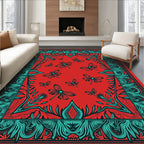 Red Teal Flying Insect Floral Border Rug