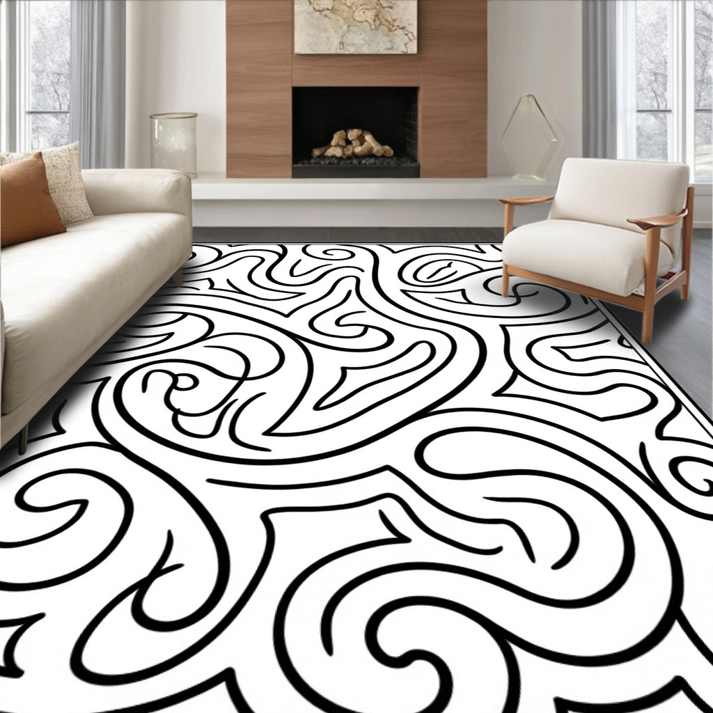 Swirling Abstract Black White Design Rug