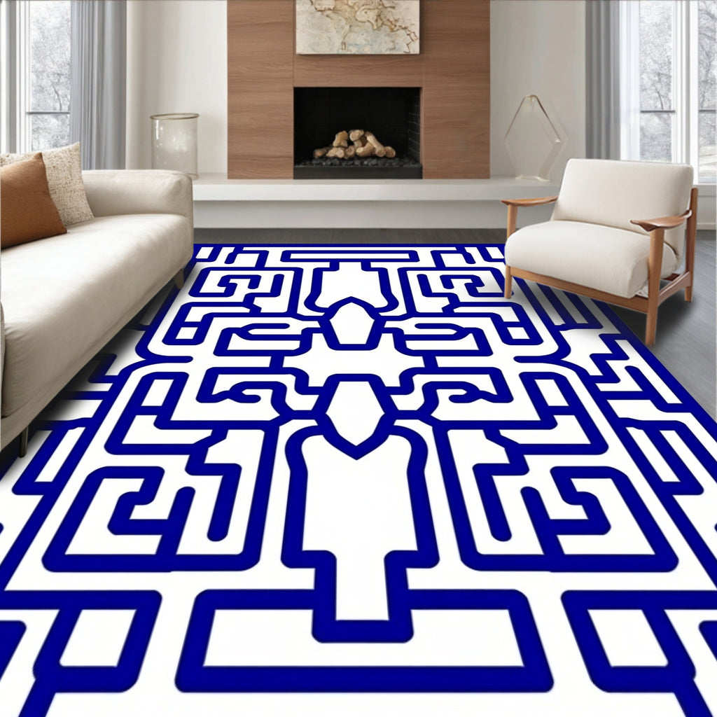 Blue Geometric Maze Pattern Rug