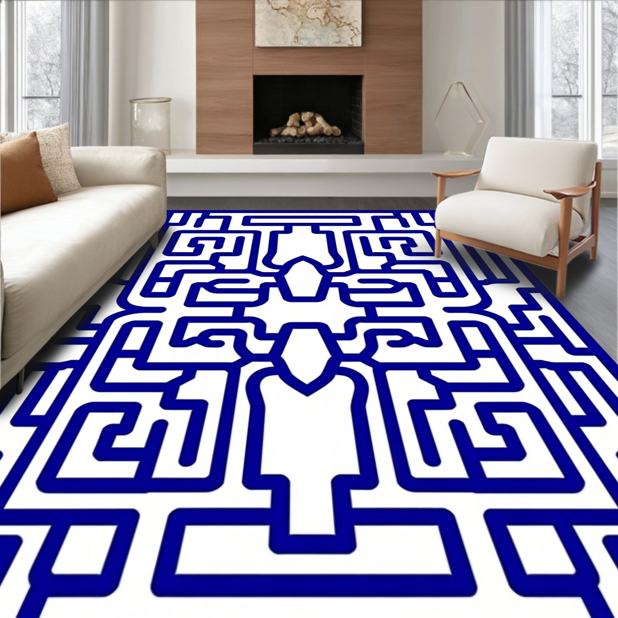 Blue Geometric Maze Pattern Rug