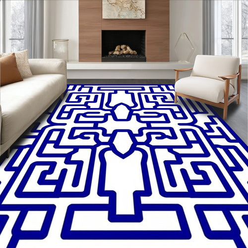 Blue Geometric Maze Pattern Rug