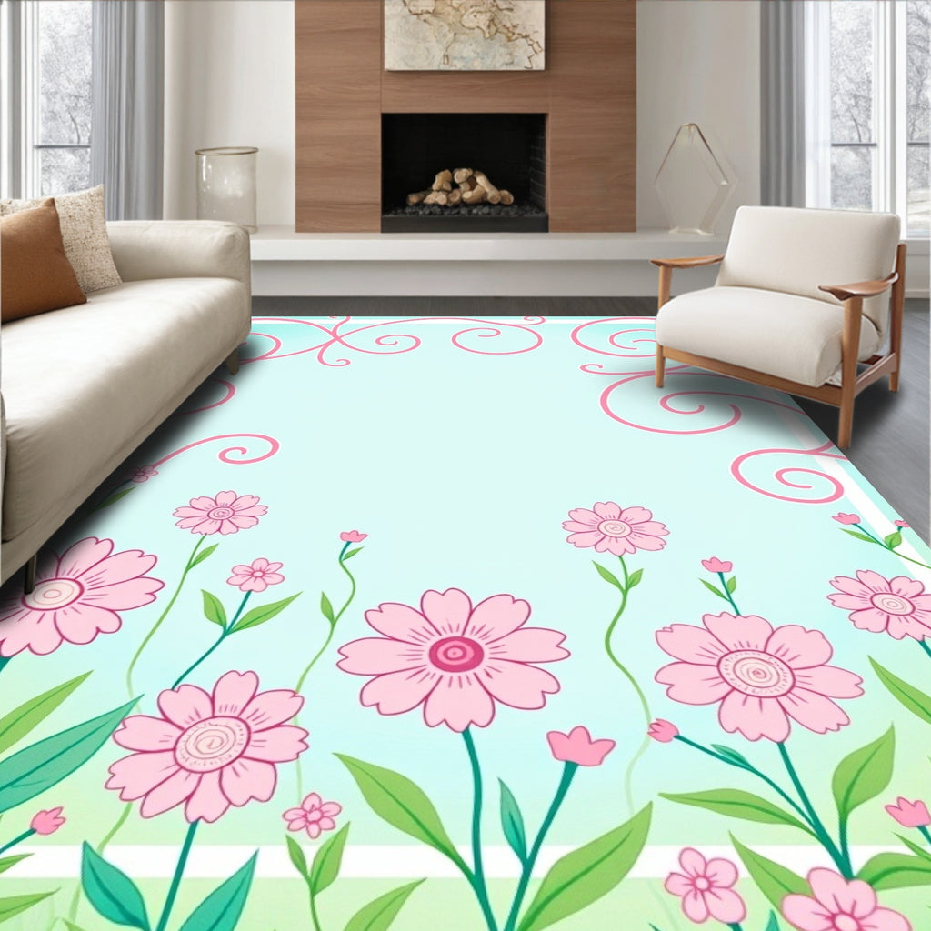 Pink Floral Swirls Garden Pattern Rug