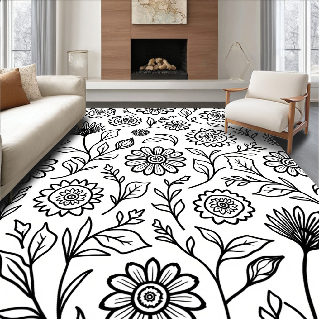 Floral Vine Pattern With Black Outline Rug