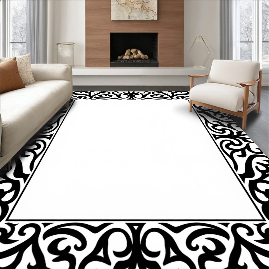 Ornate Black Scroll Border Rug