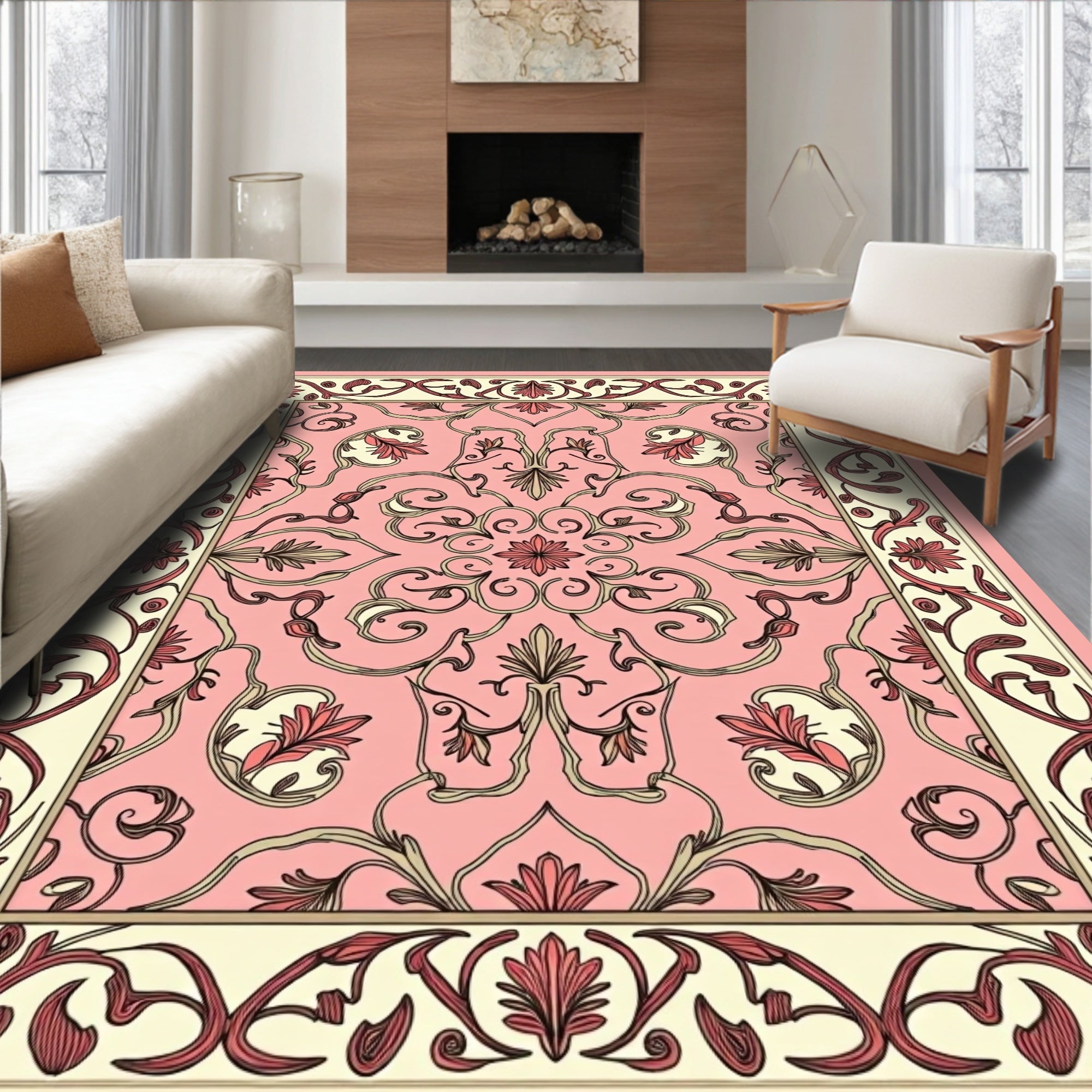 Ornate Floral Scrollwork Pink Rug