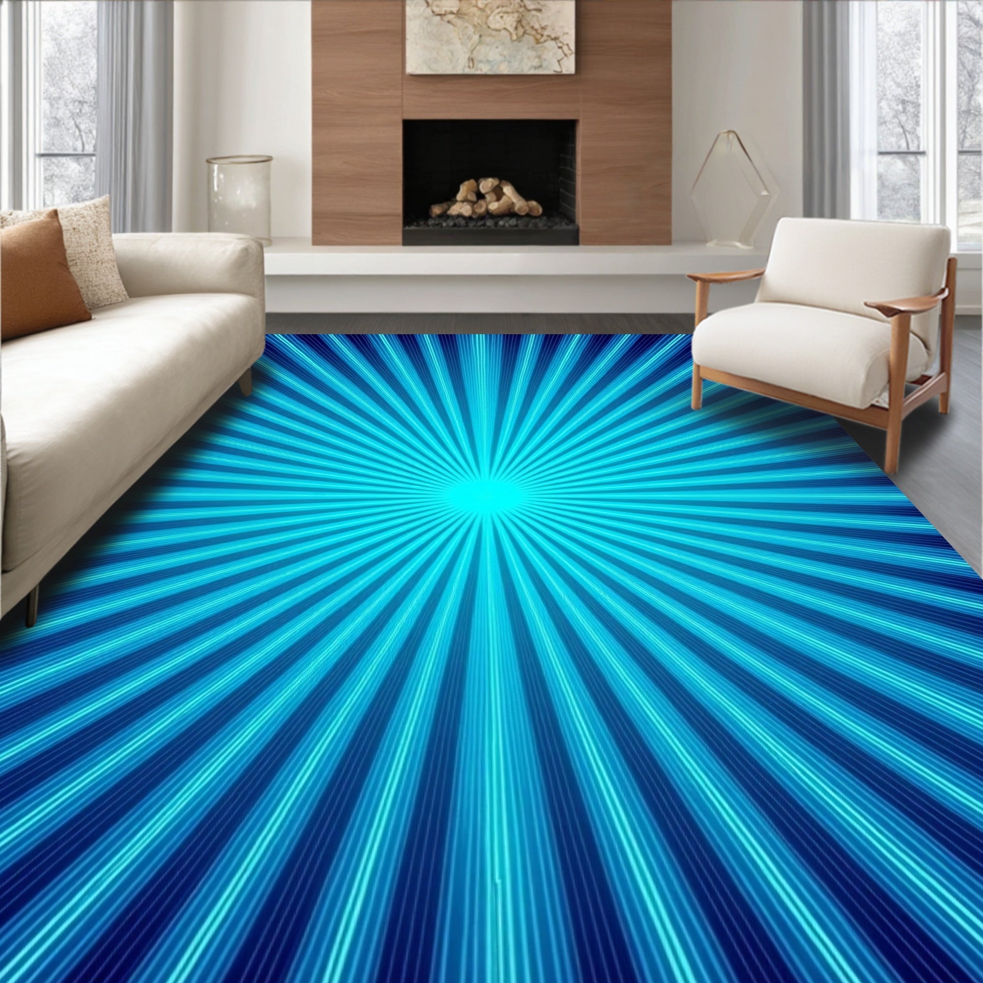 Radiant Blue Sunburst Geometric Rug