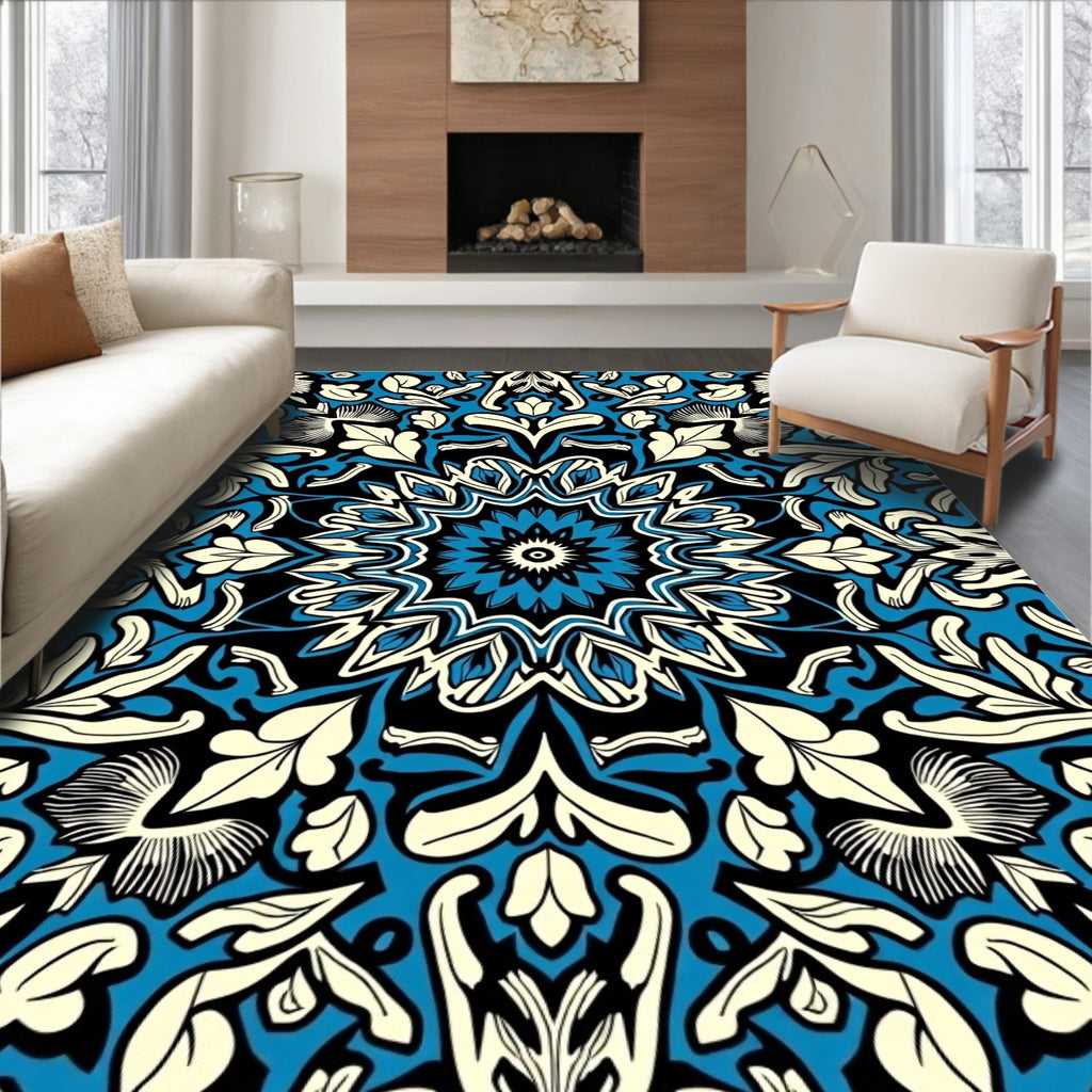 Blue Black Cream Floral Mandala Rug