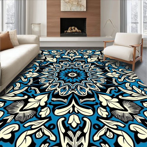 Blue Black Cream Floral Mandala Rug