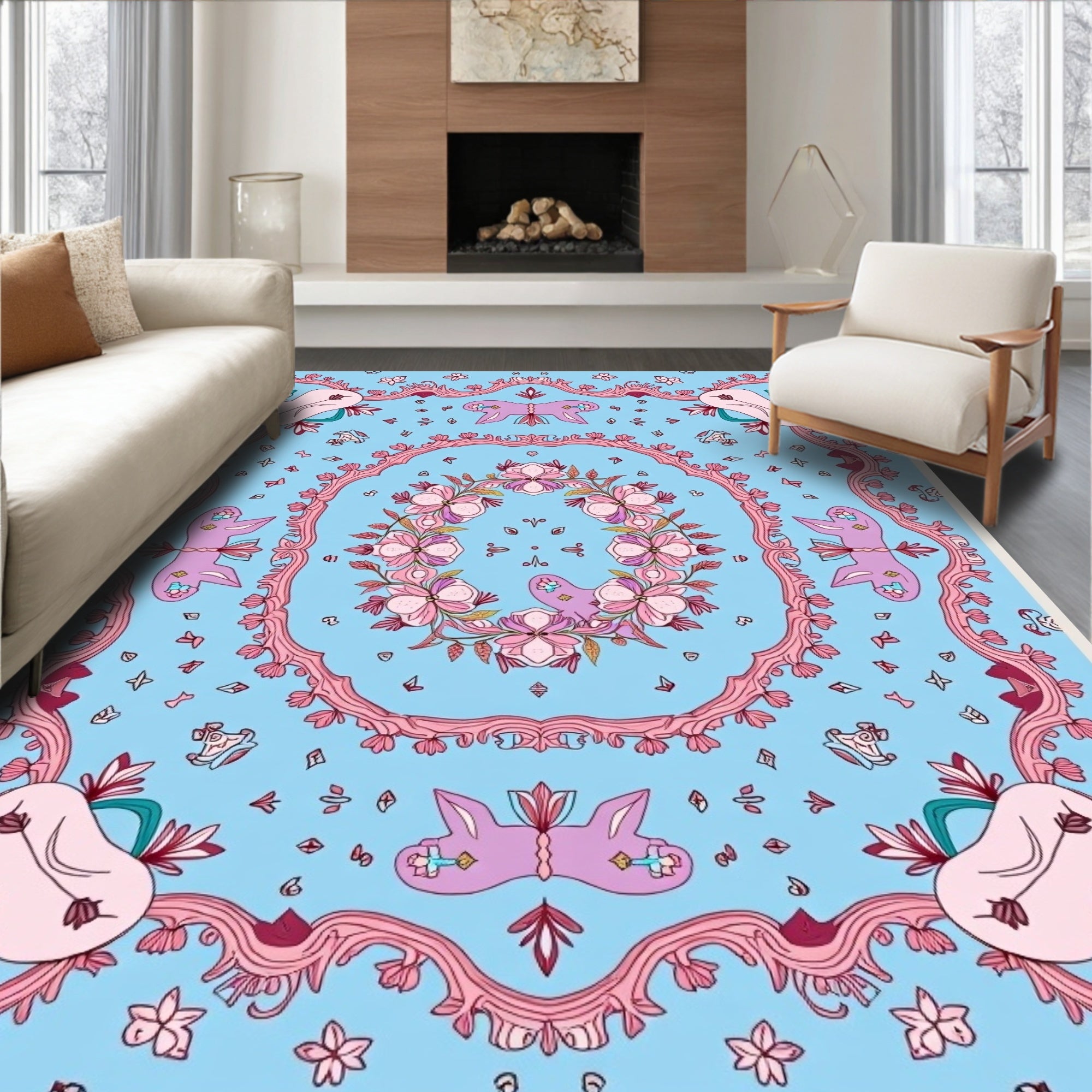 Whimsical Pink Floral Creatures Blue Rug