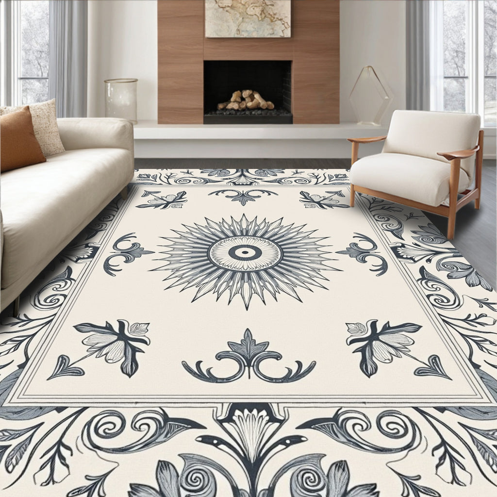 Ornate Floral Sunburst Tile Pattern Rug