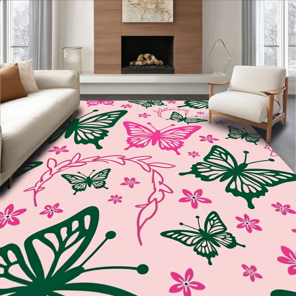 Pink Green Butterfly Floral Pattern Rug