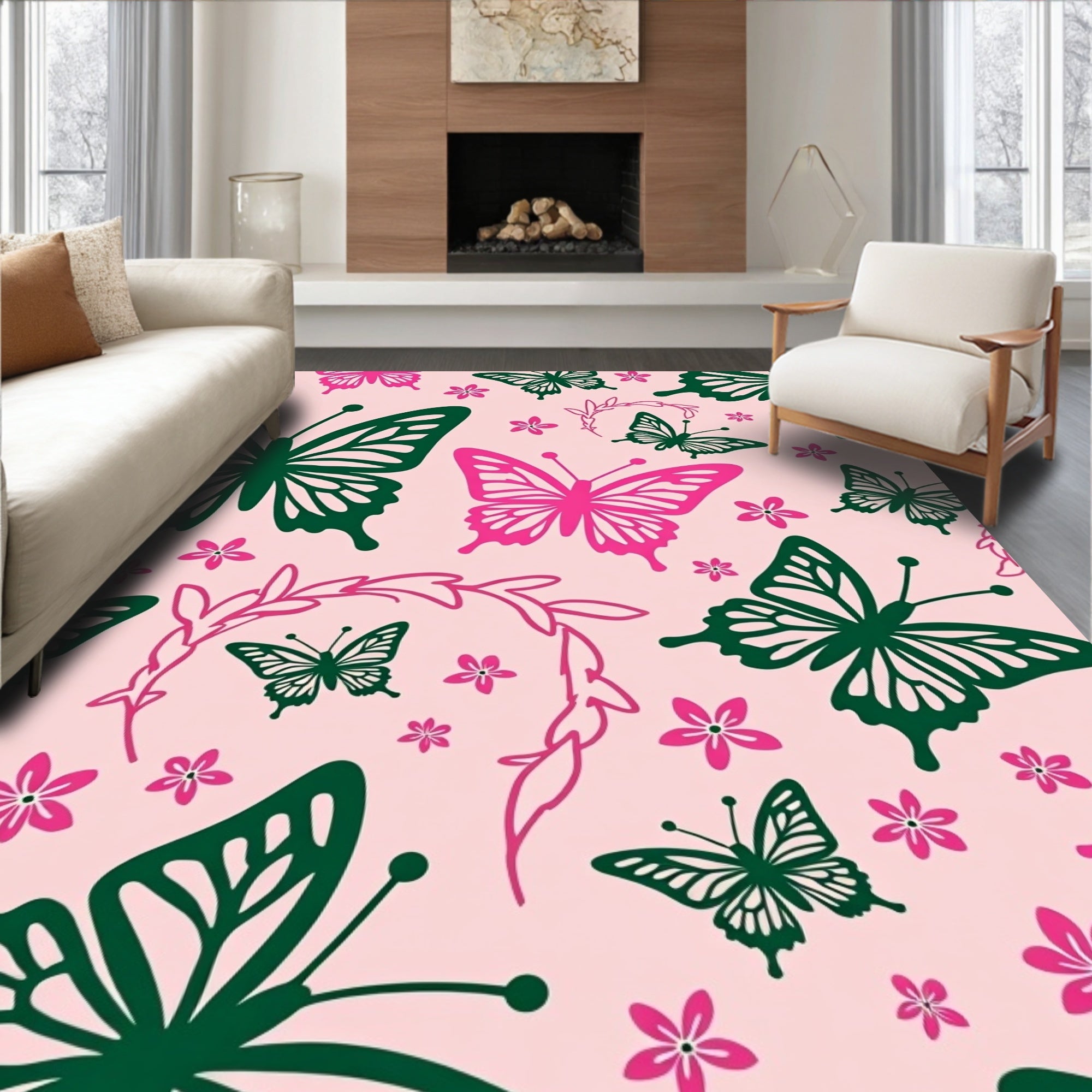 Pink Green Butterfly Floral Pattern Rug