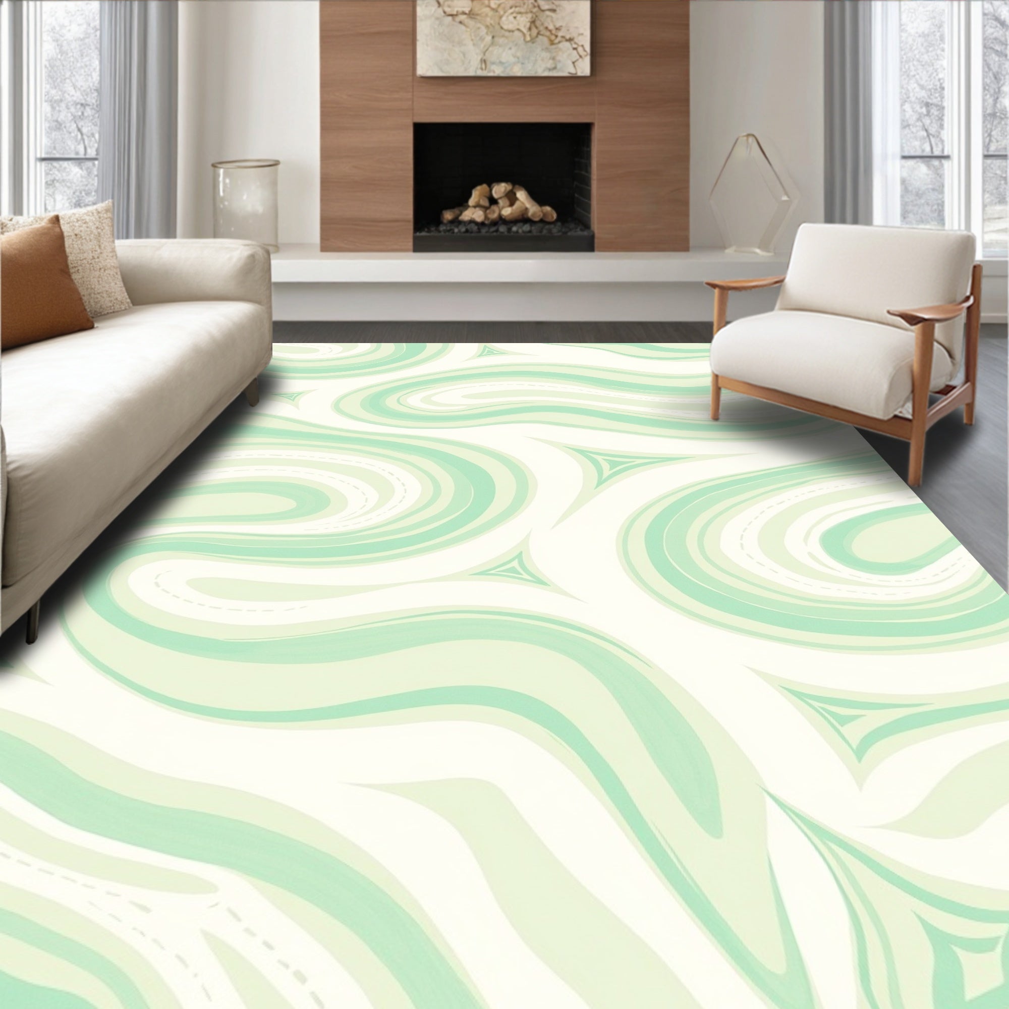 Flowing Swirls Green Cream Pattern Rug