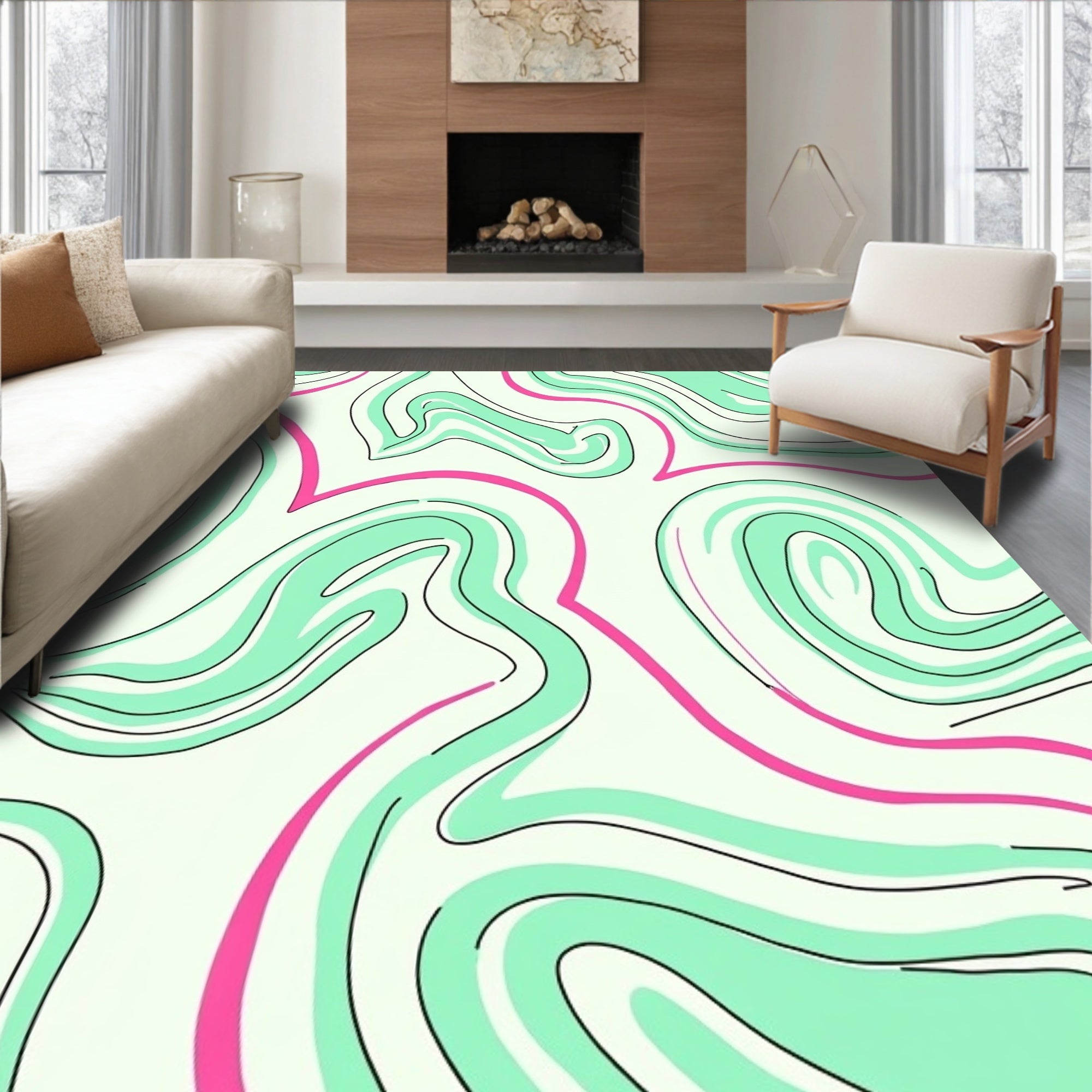 Abstract Pink Green Swirl Pattern Rug
