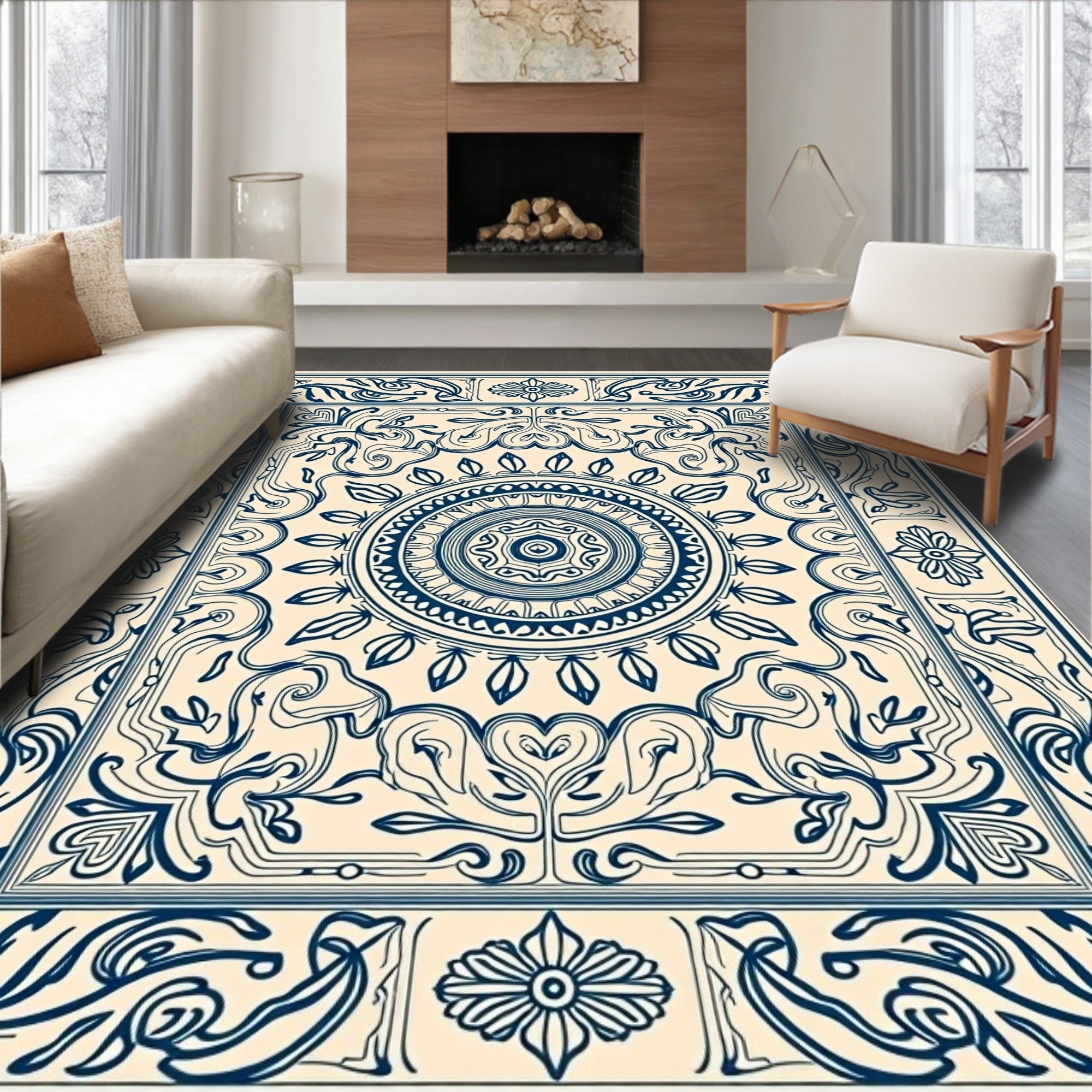 Classic Indigo Floral Medallion Design Rug