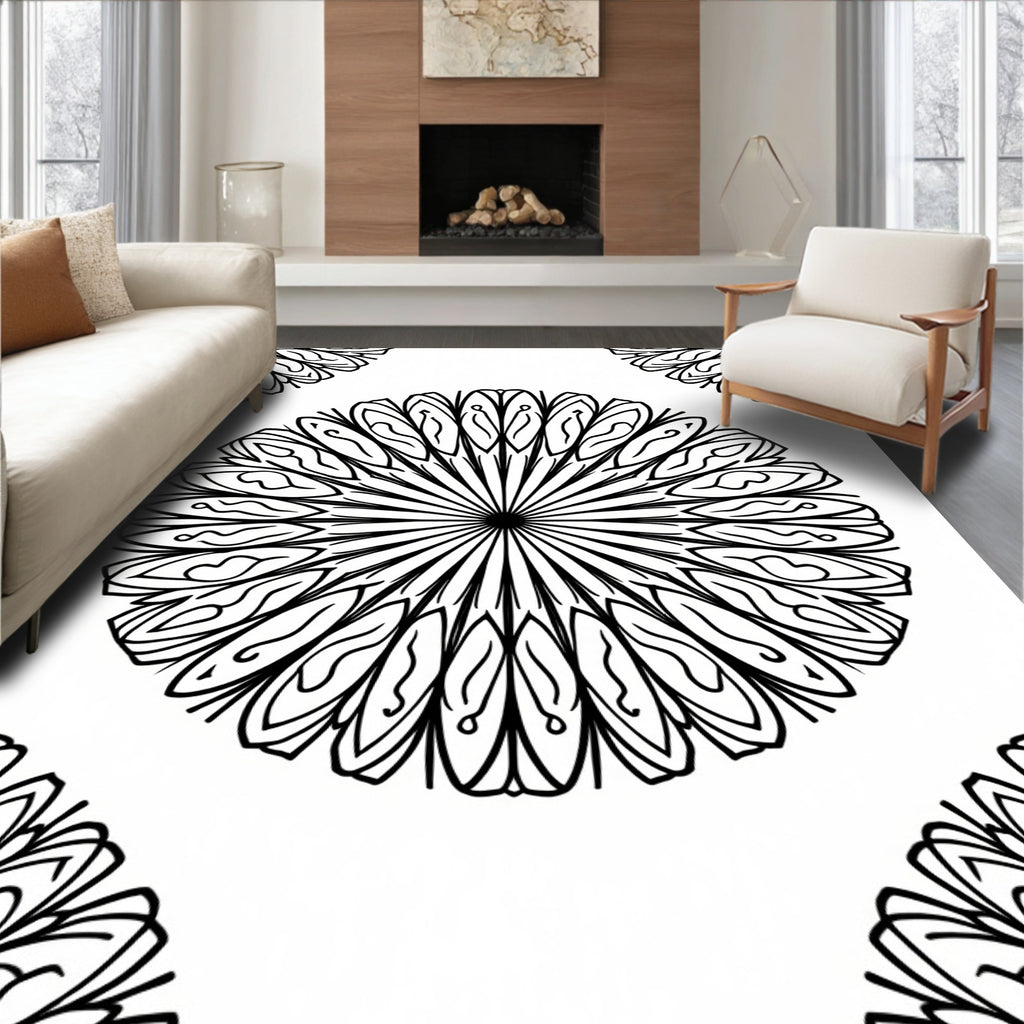 Intricate Black Floral Mandala Design Rug