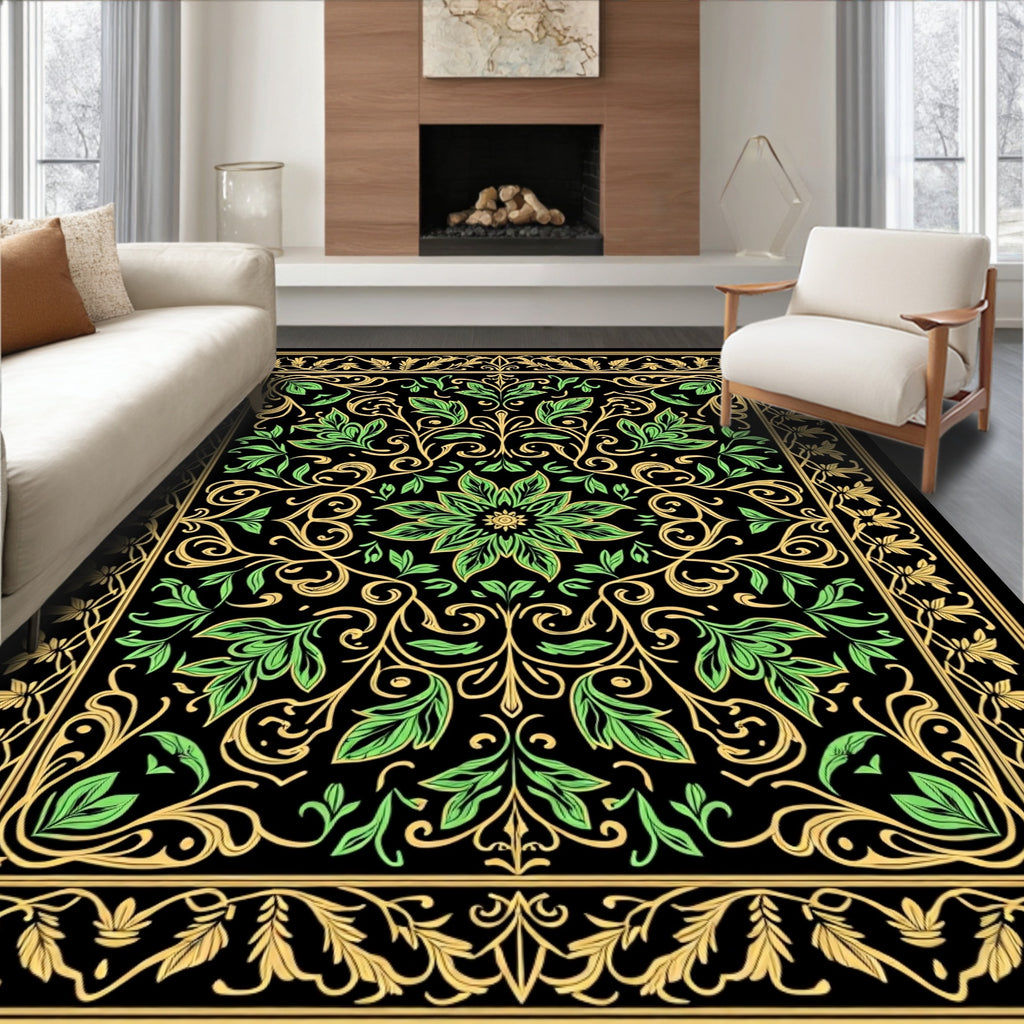 Ornate Floral Scrollwork With Green Leaves Rug