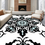 Bold Black Aqua Floral Mandala Pattern Rug