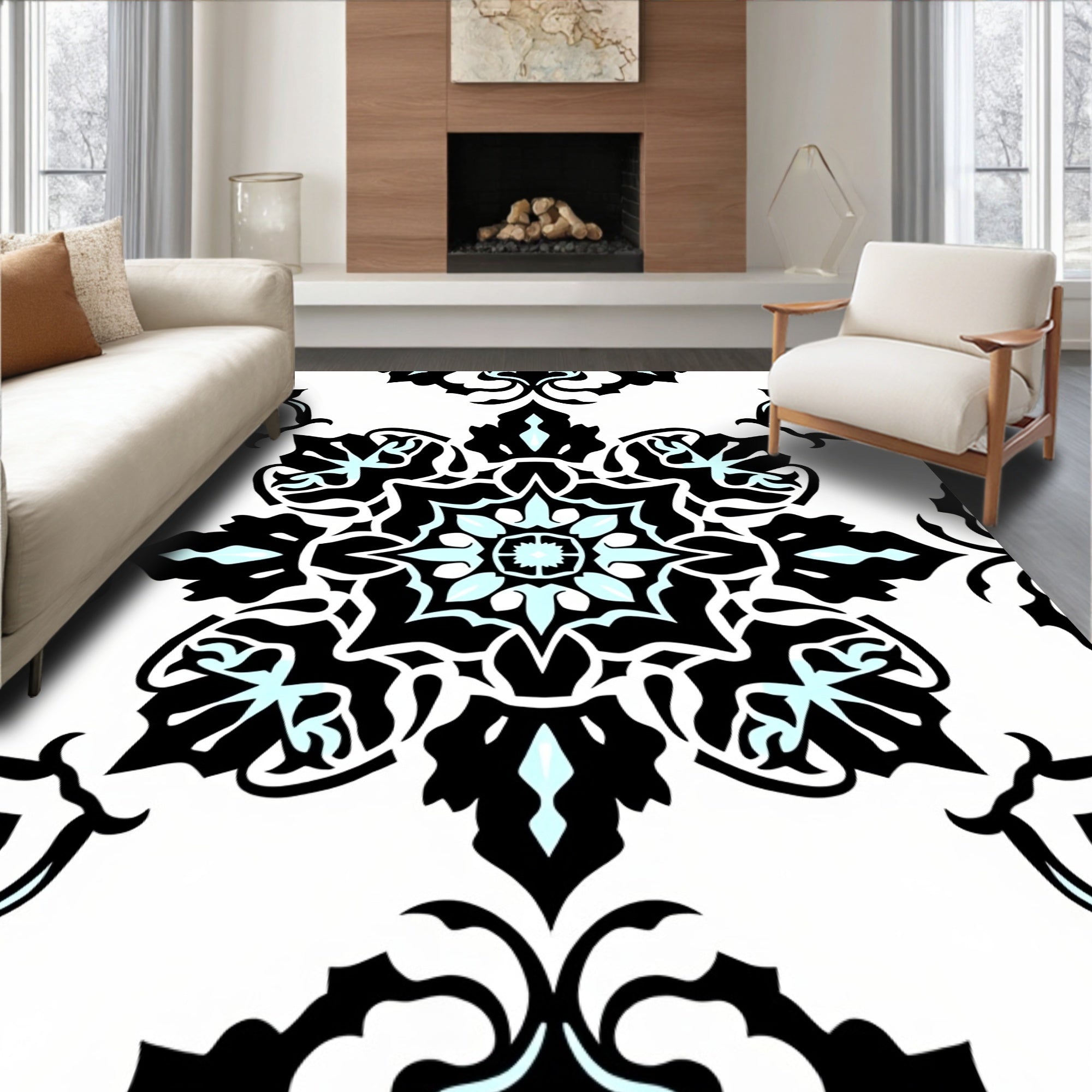 Bold Black Aqua Floral Mandala Pattern Rug