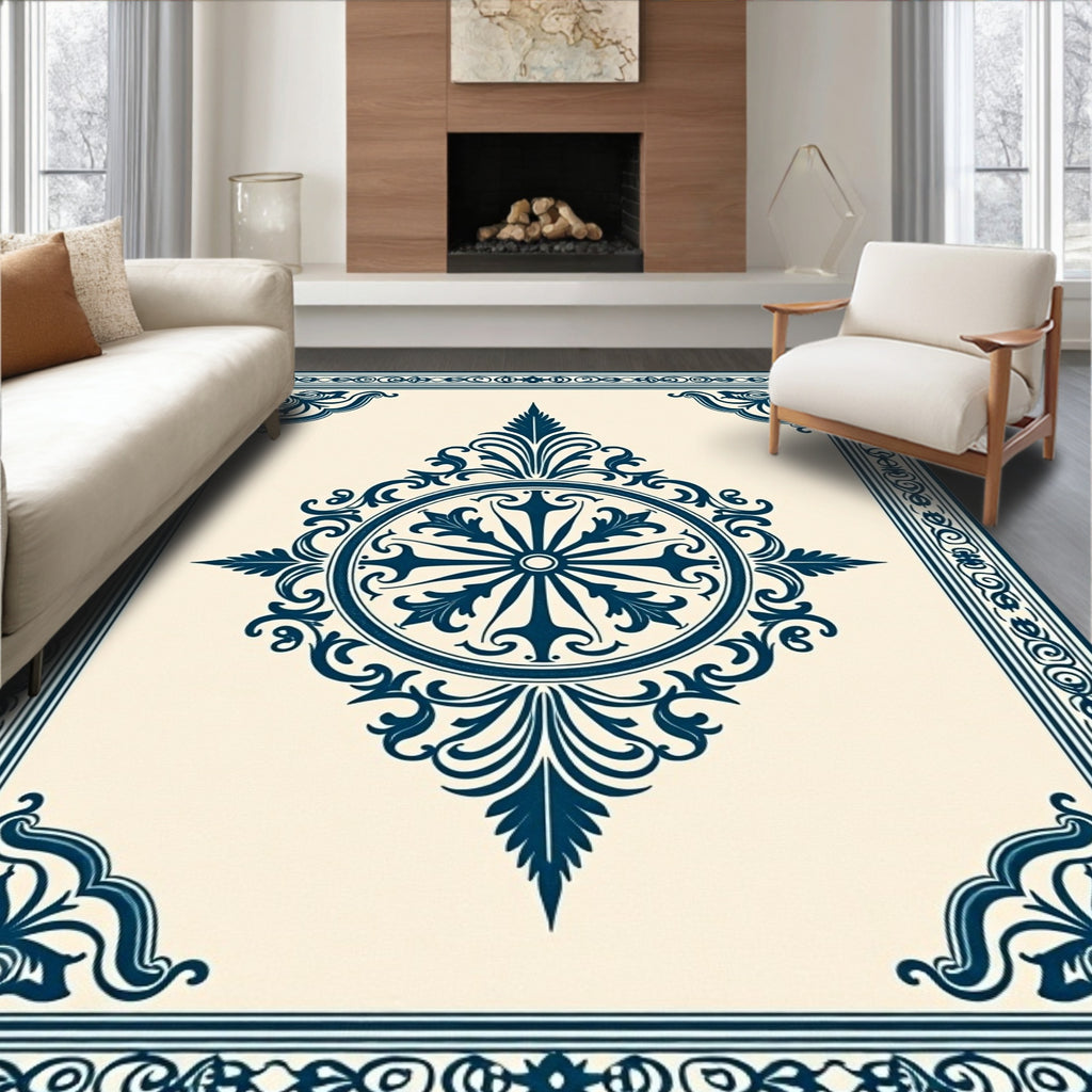 Ornate Dark Blue Medallion Pattern Rug