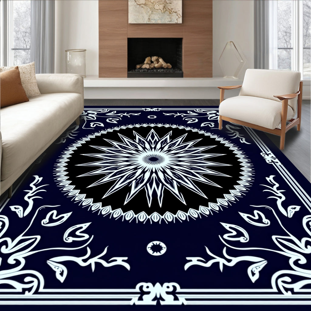 Dark Blue Floral Starburst Mandala Rug
