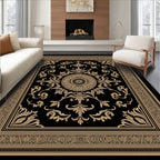 Ornate Black Gold Damask Pattern Rug