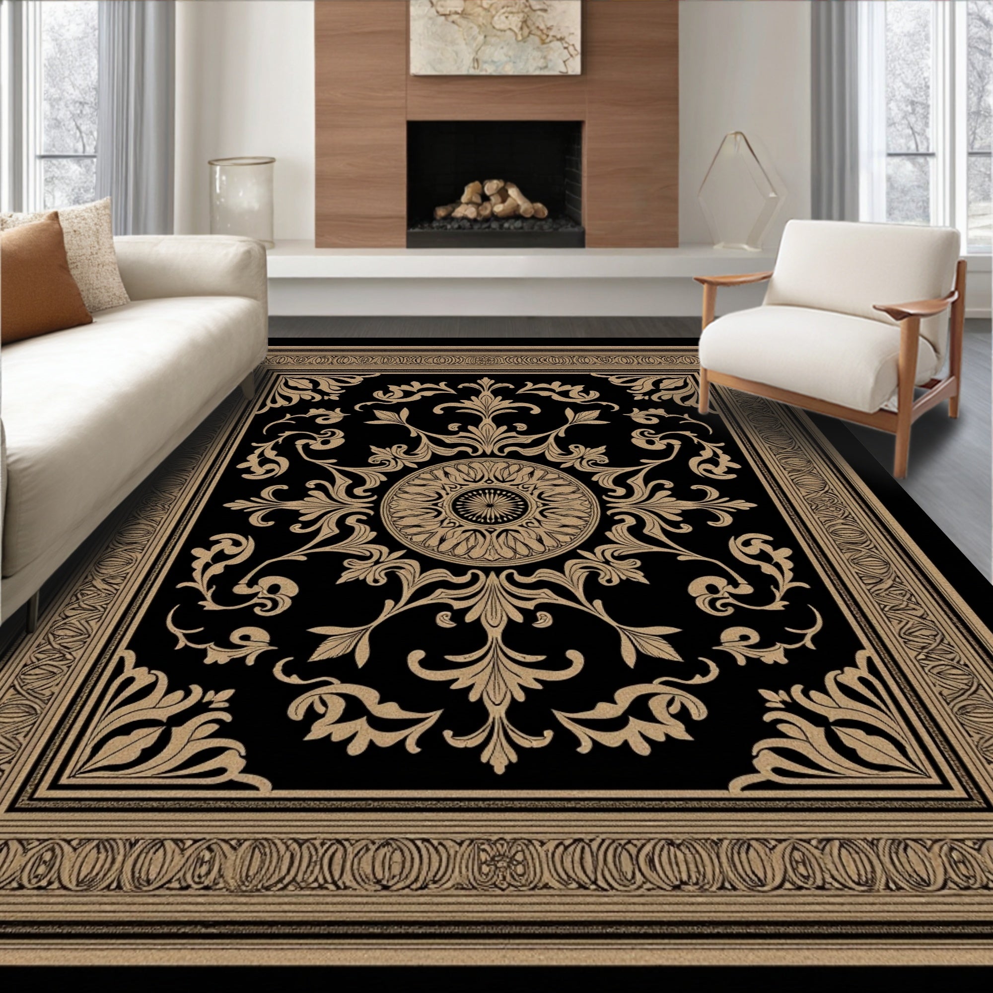 Ornate Black Gold Damask Pattern Rug