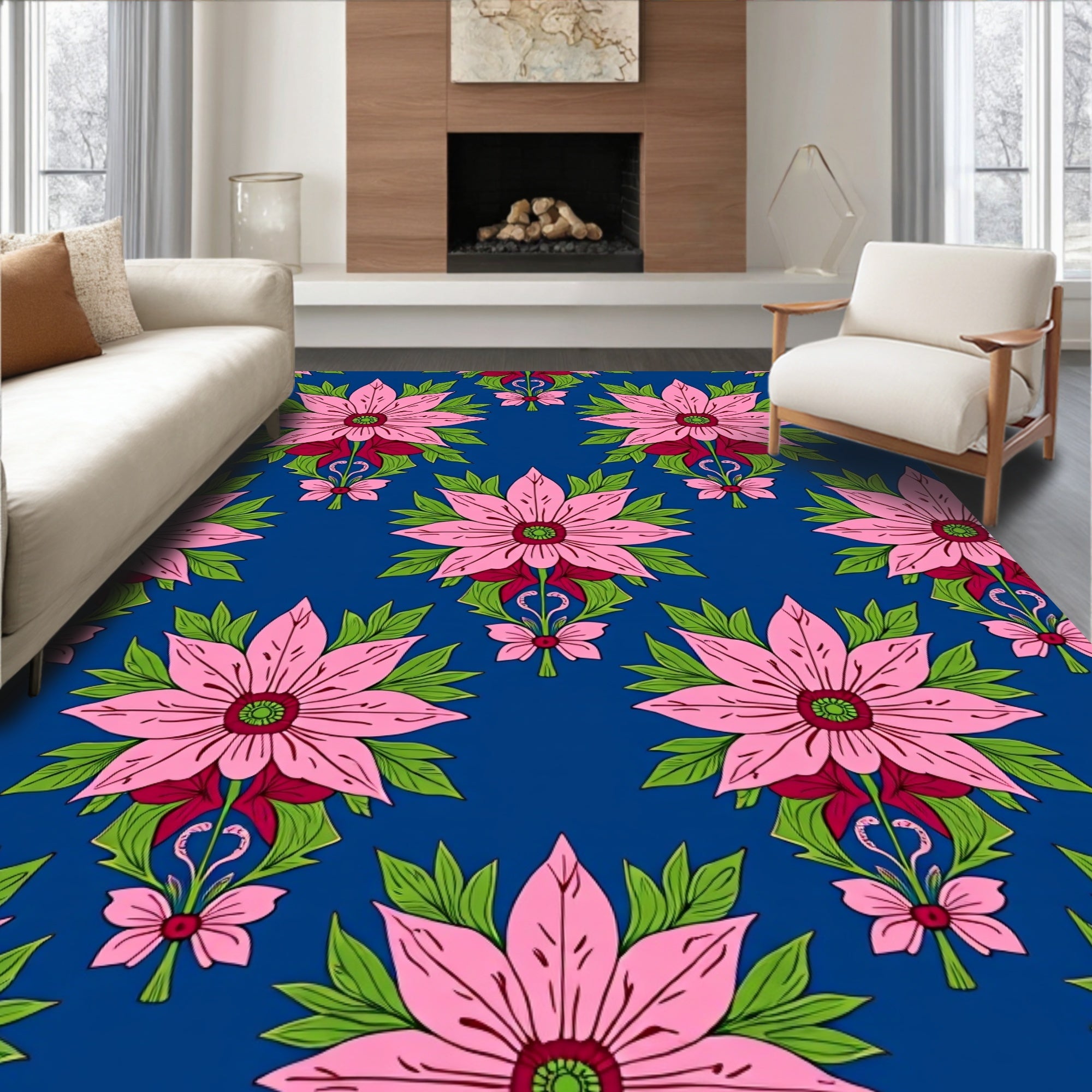 Pink Floral Garden Blue Rug