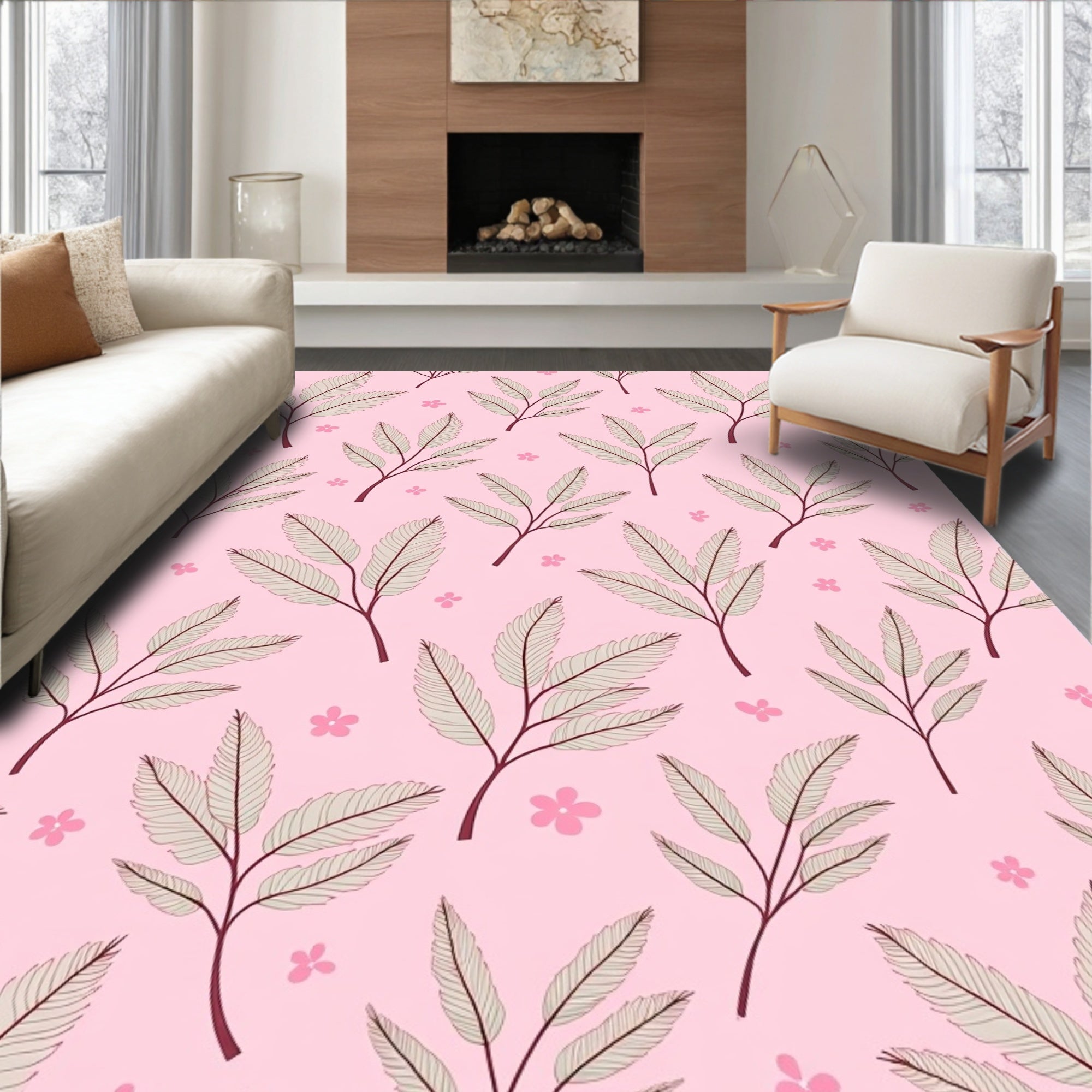 Delicate Pink Floral Leaf Pattern Rug