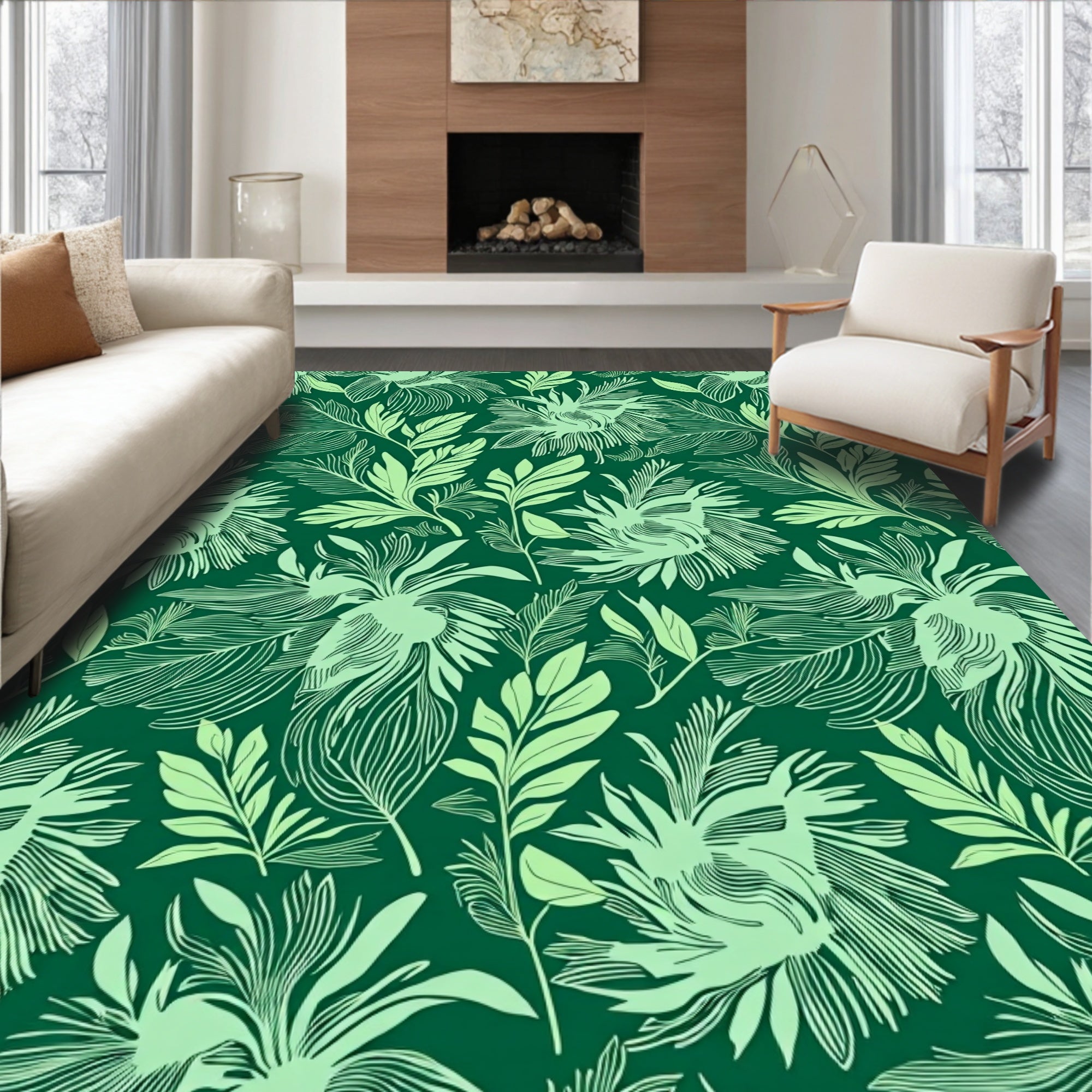 Light Green Tropical Leaf Pattern Rug