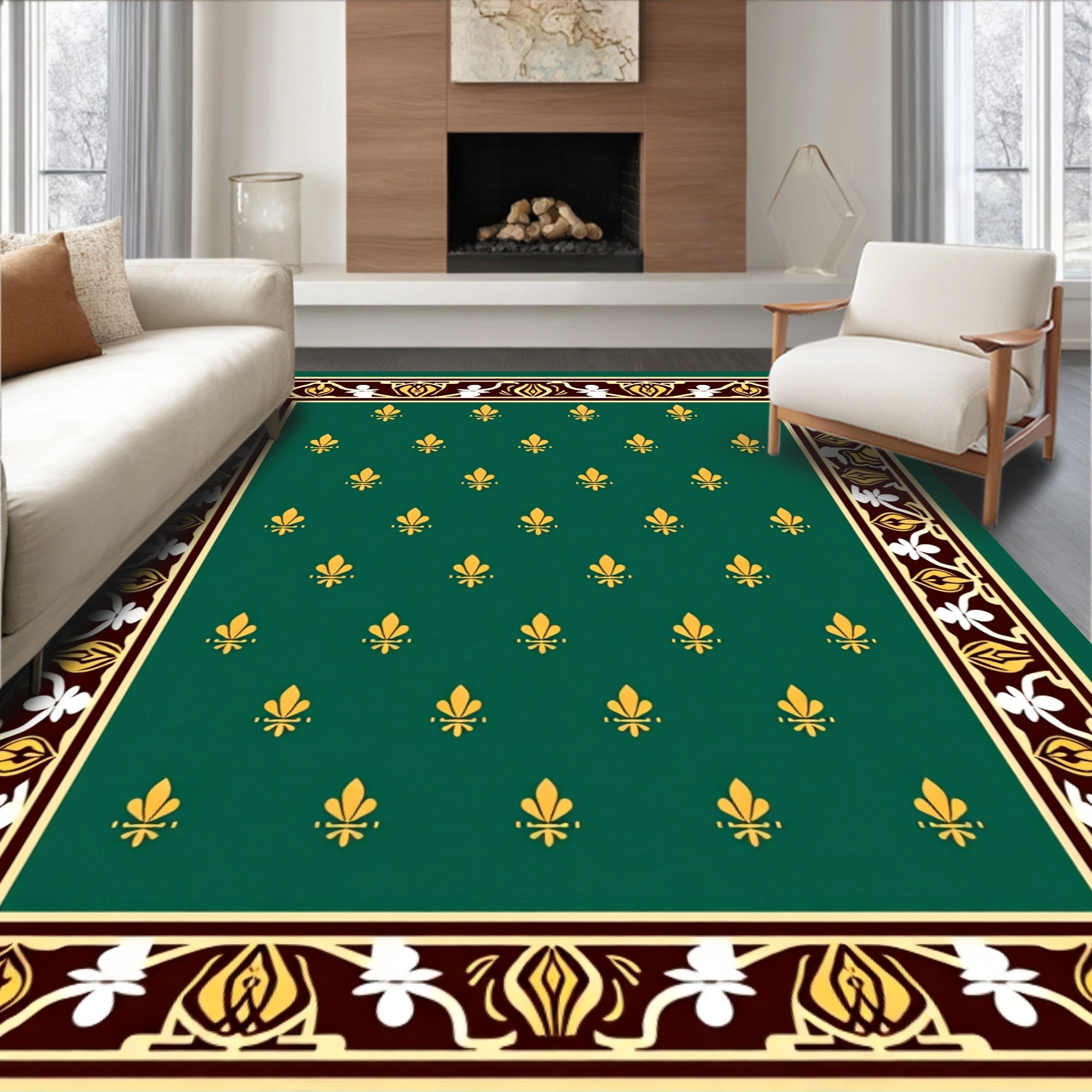 Ornate Green Gold Fleur De Lis Rug