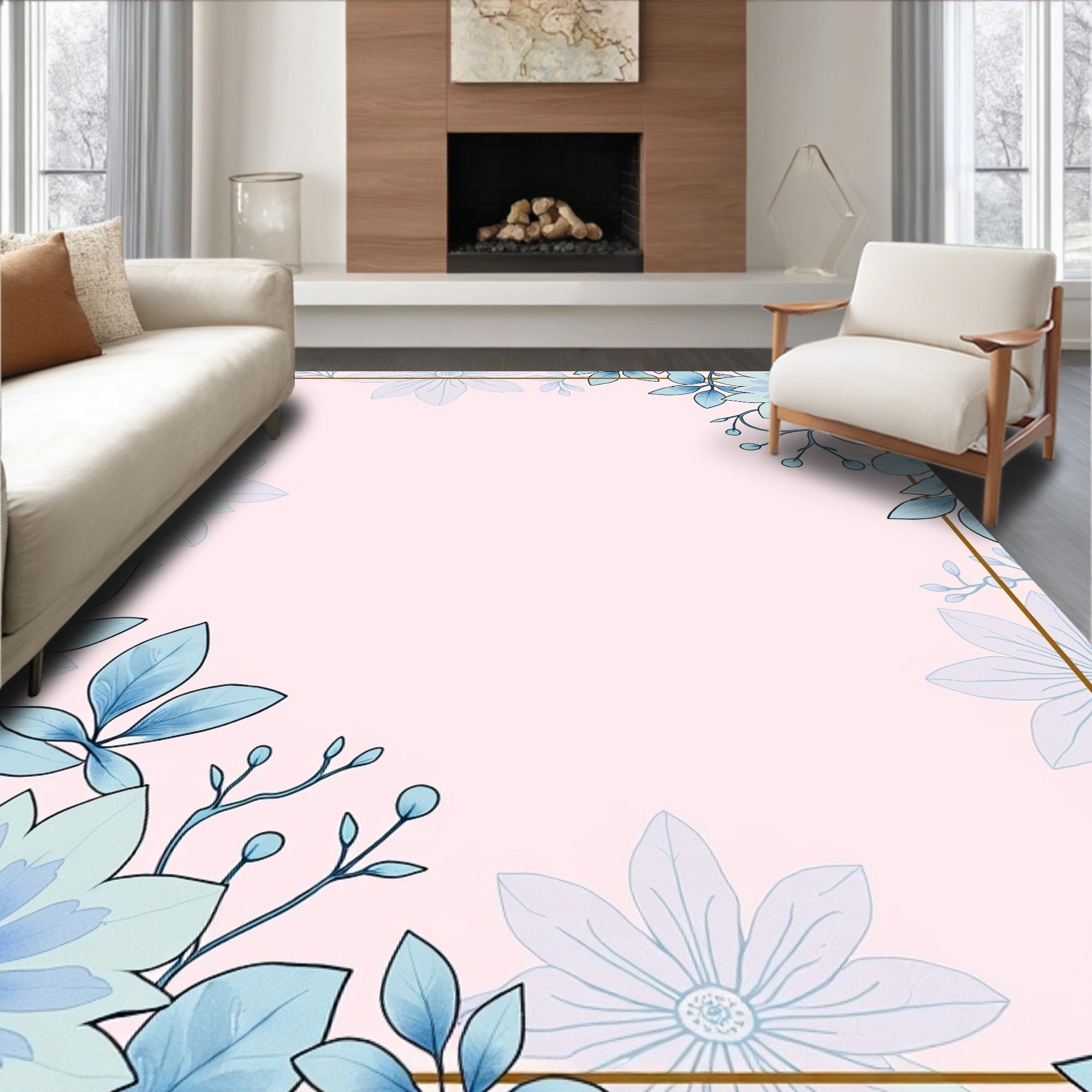 Blue Floral Botanical Border Design Rug