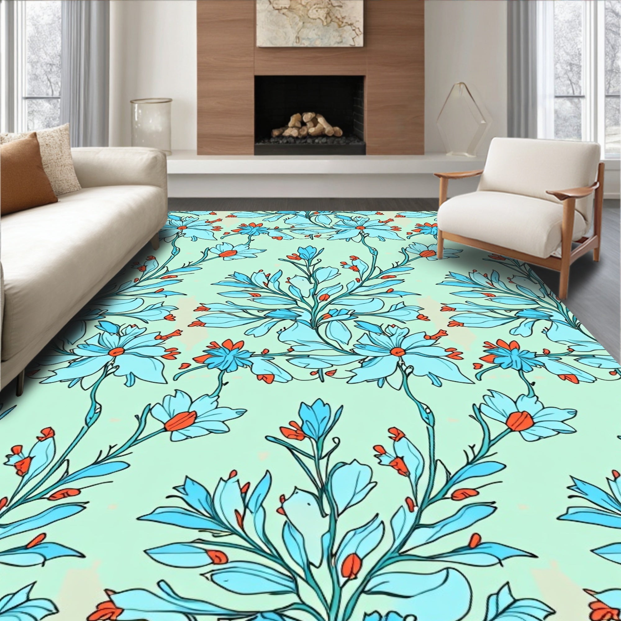 Sky Blue Floral Vine Pattern Rug