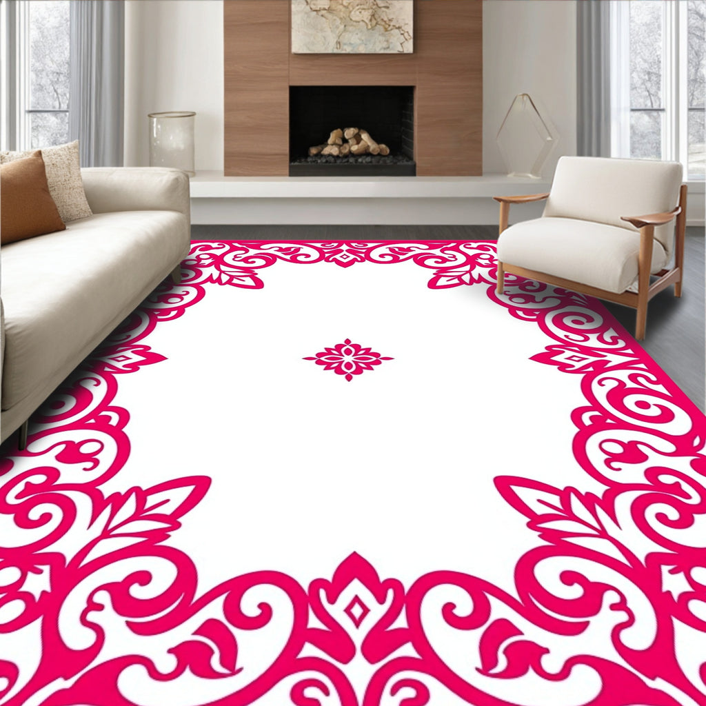 Ornate Floral Scrollwork Pink Rug
