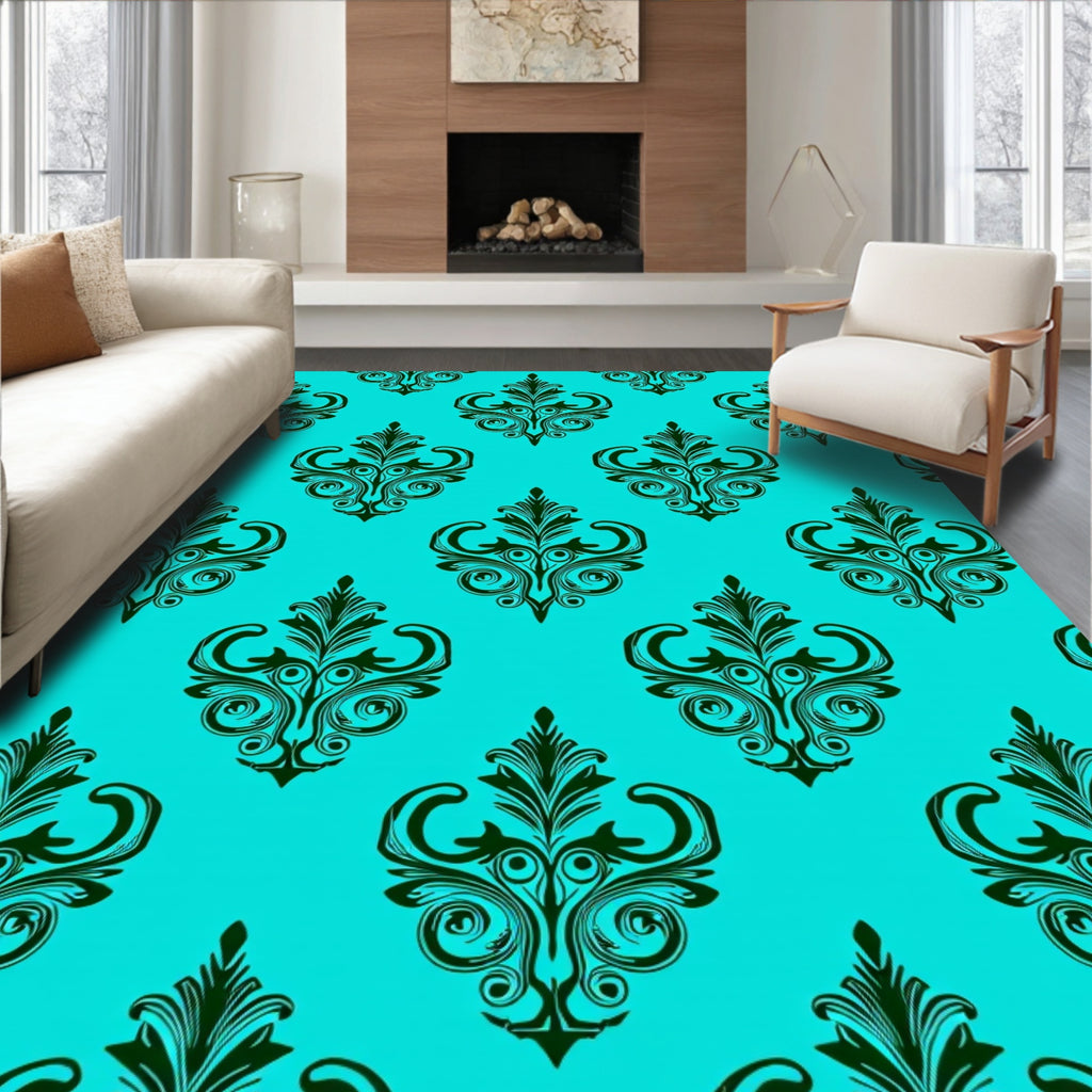 Classic Teal Black Damask Pattern Rug
