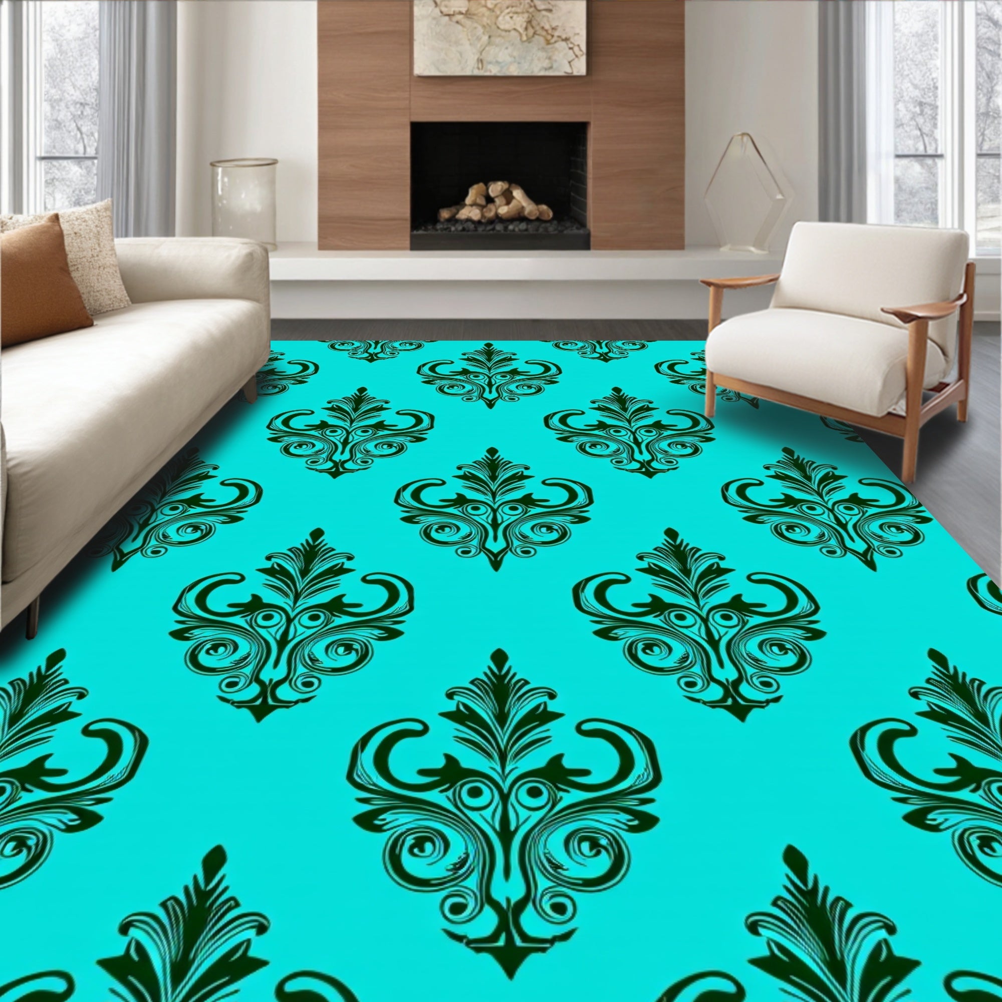 Classic Teal Black Damask Pattern Rug