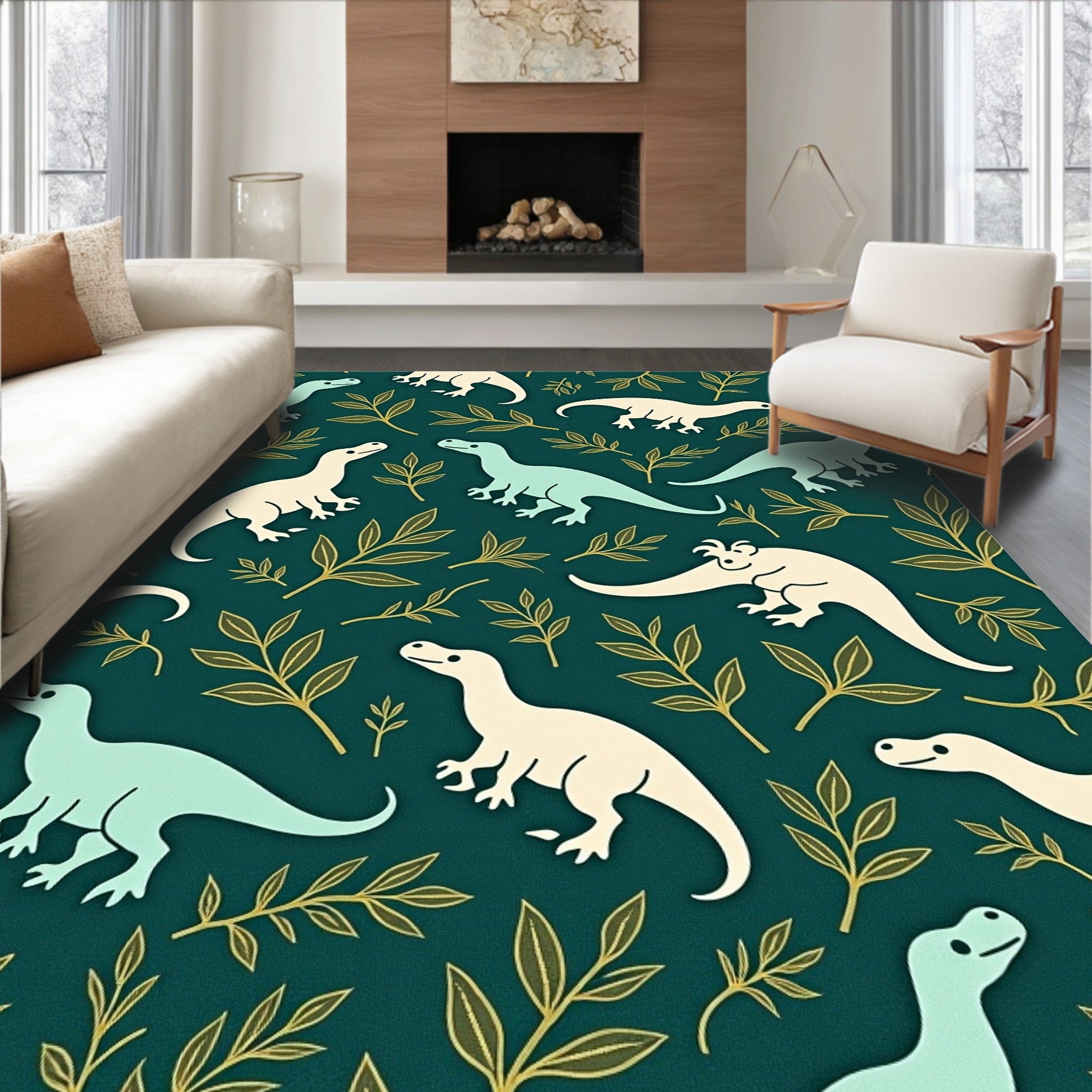 Whimsical Dinosaur Leaves Pattern Rug