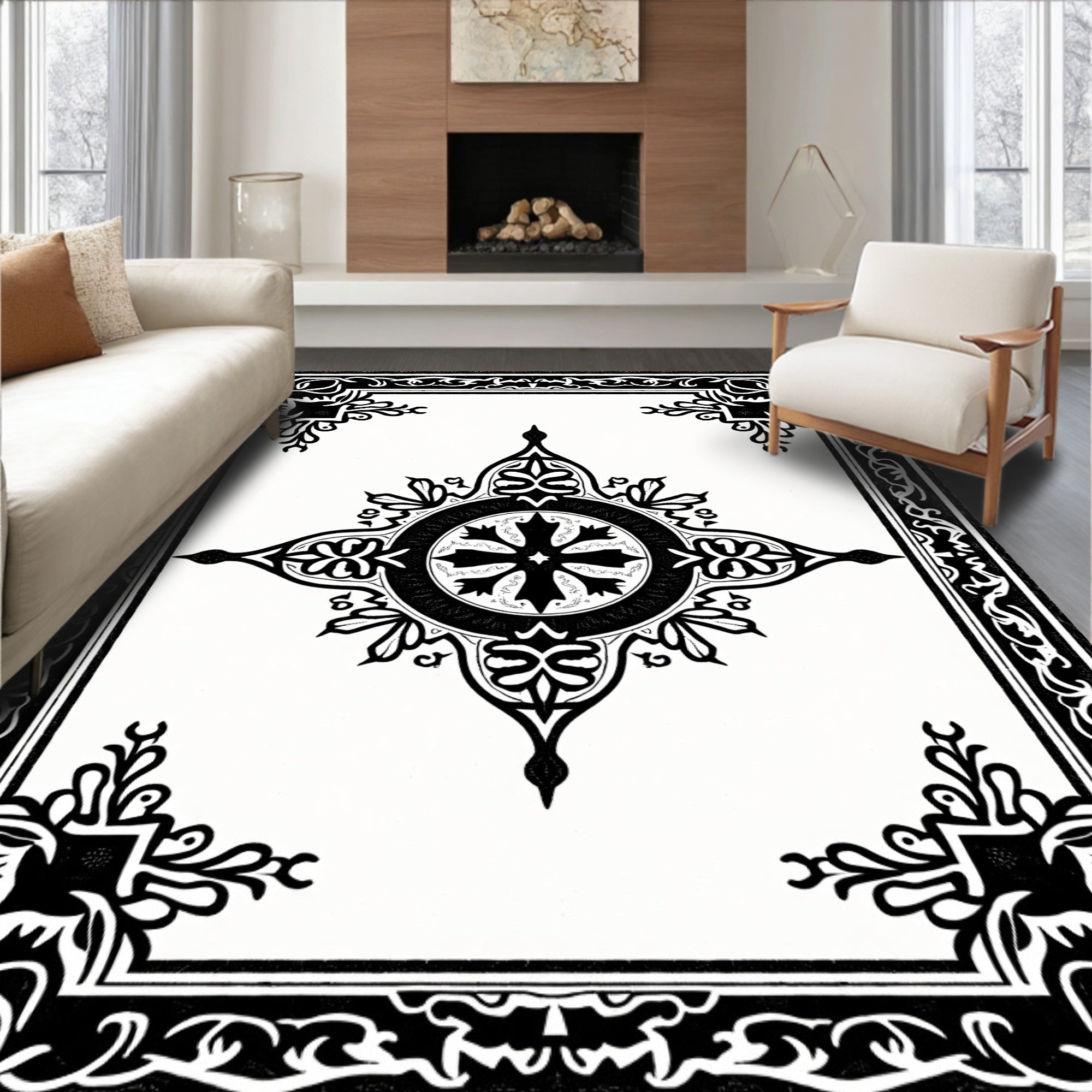 Ornate Black And White Medallion Rug