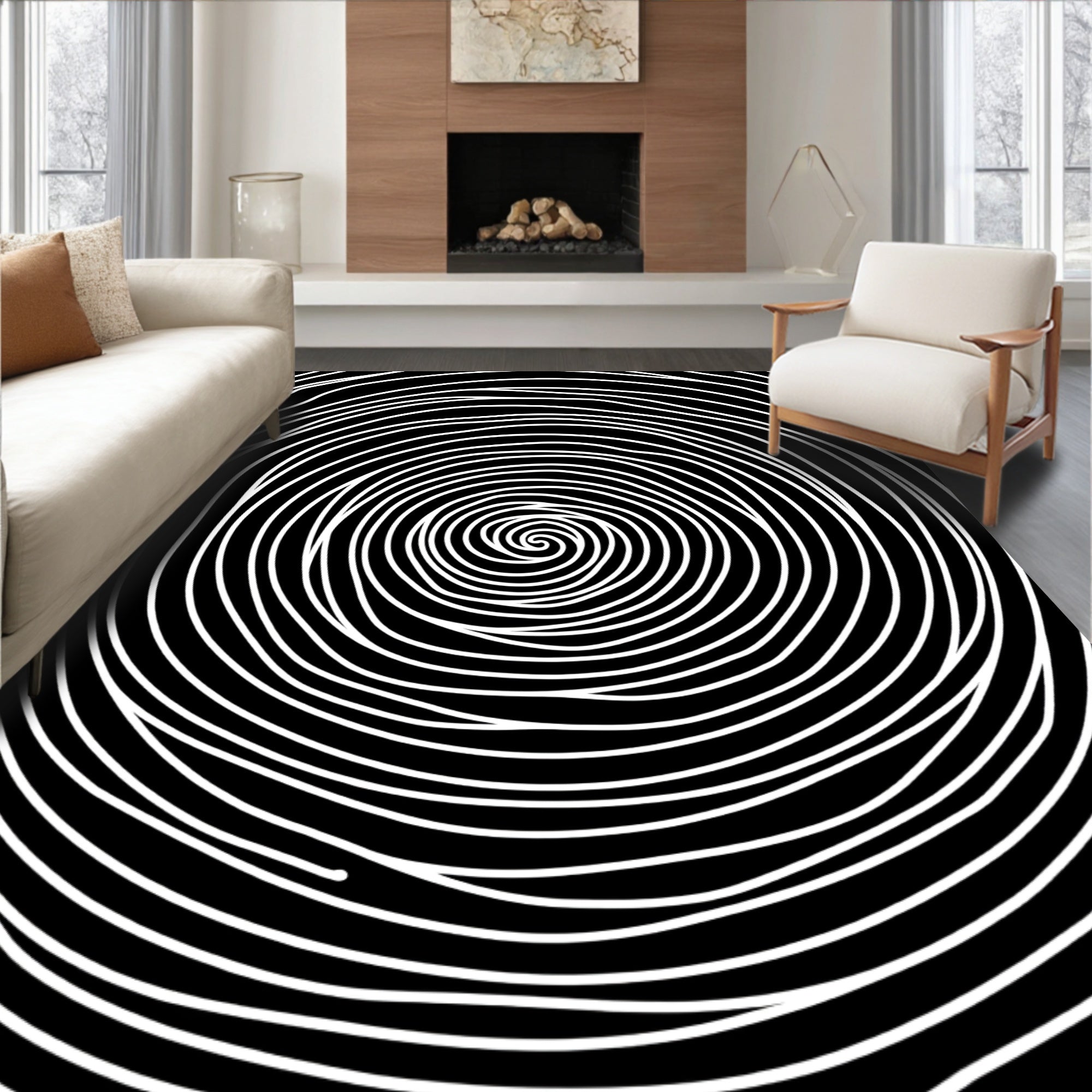 Black White Swirl Abstract Rug